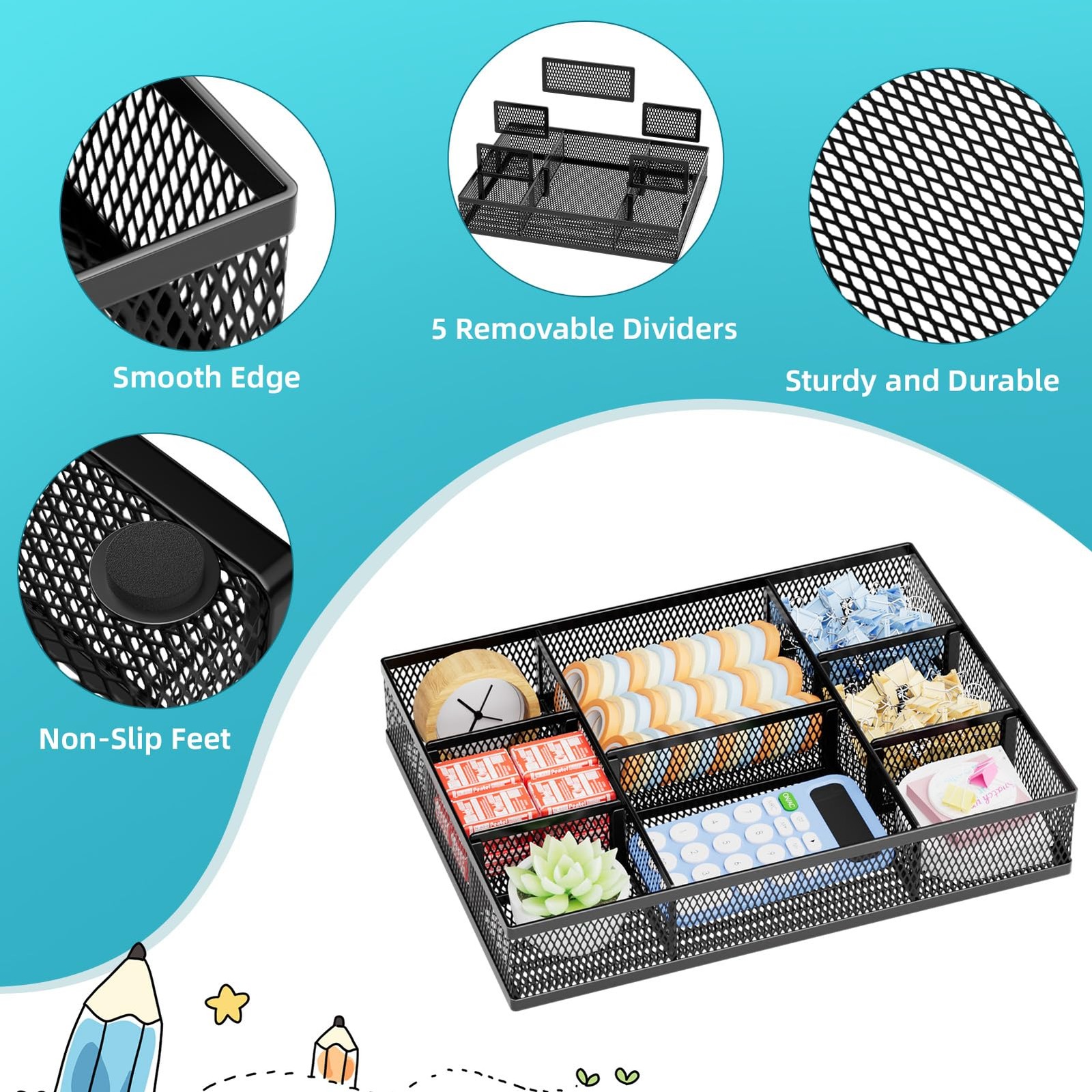2 Pack Desk Drawer Organizer, Mesh Drawer Organizer Tray with 8 Adjustable Co…