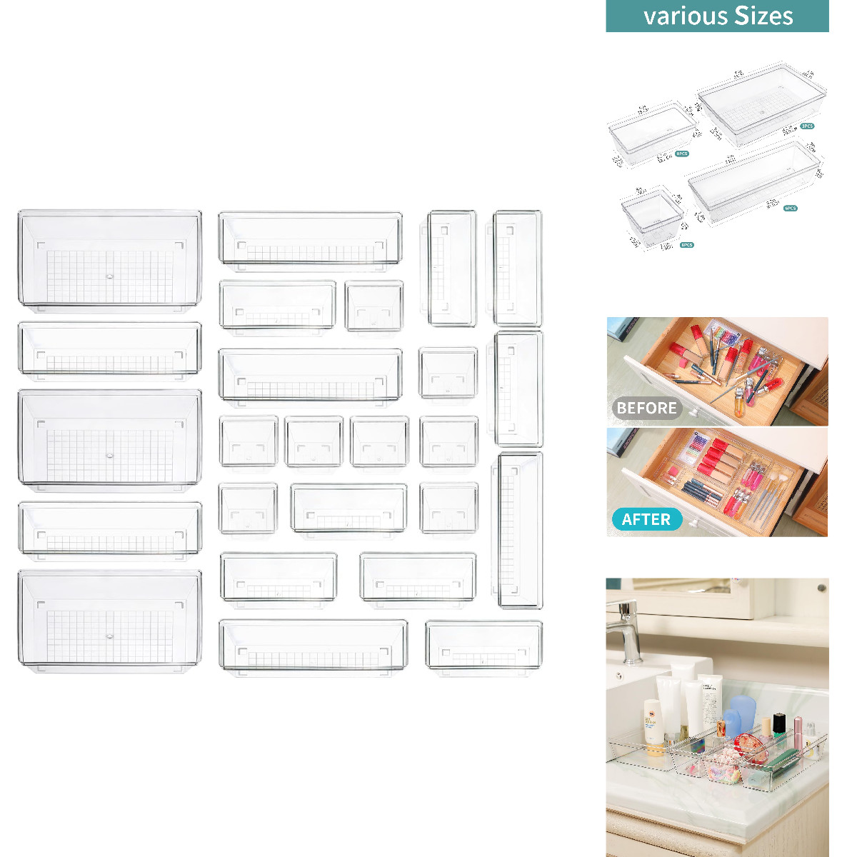 Sodynee Clear Plastic Drawer Organizer Storage – 25Pcs 4 Size Desk Bathroom