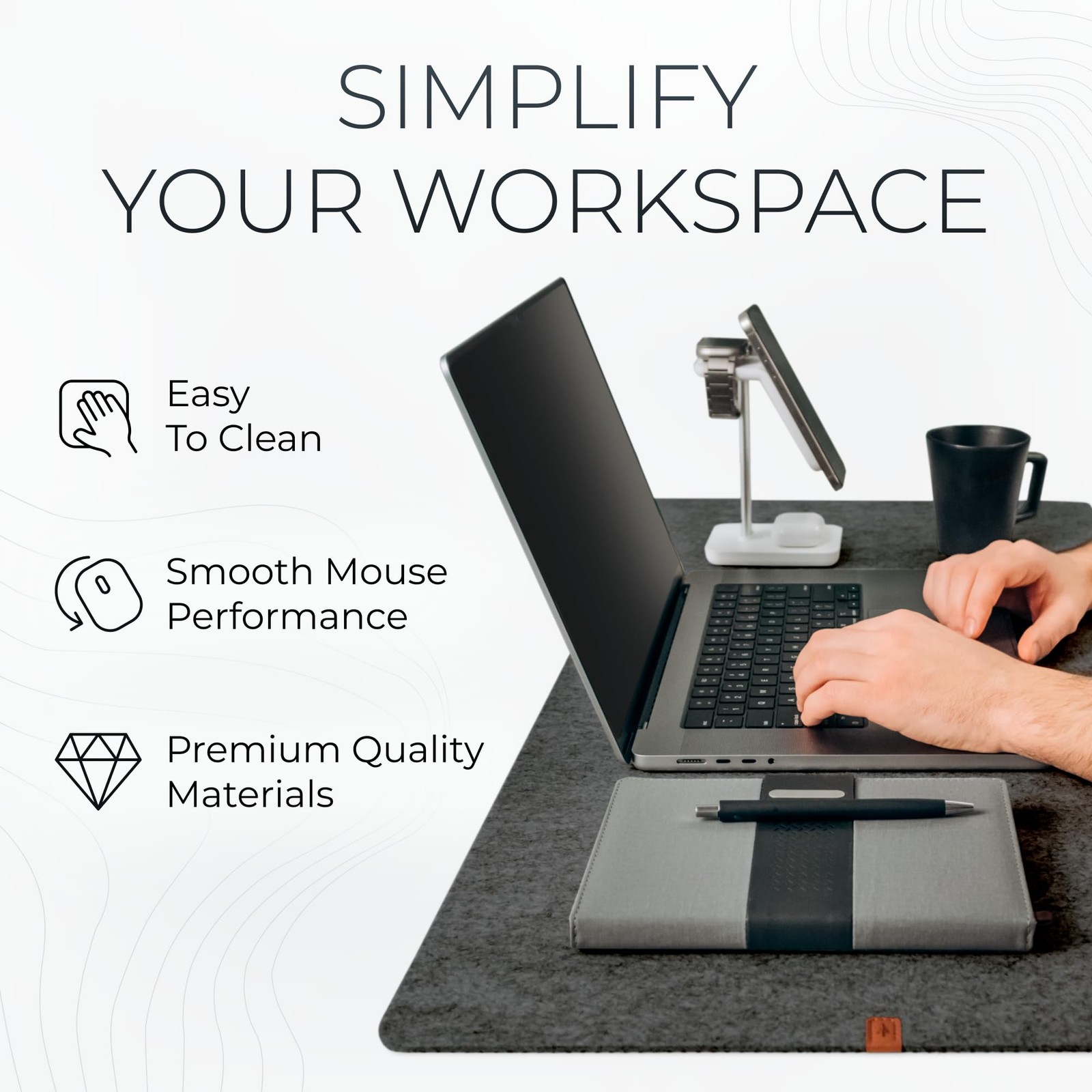 Nordik Large Felt Desk Mat – Charcoal – 35 x 17 inch – Full 35”x17”,