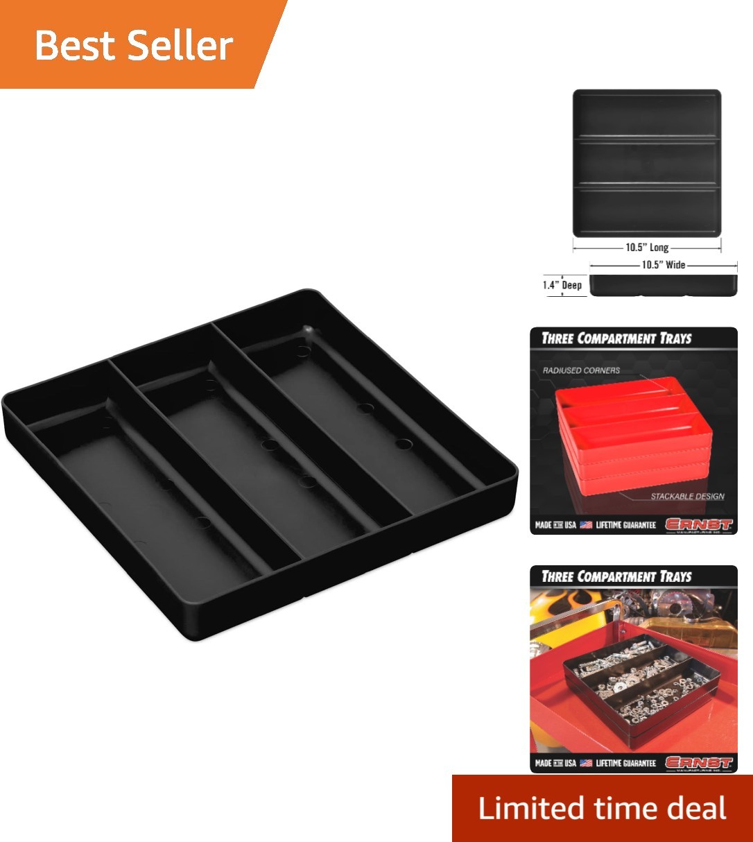 Lightweight Black Organizer Tray – 3 Compartments for Tools, Crafts & DIY Jobs