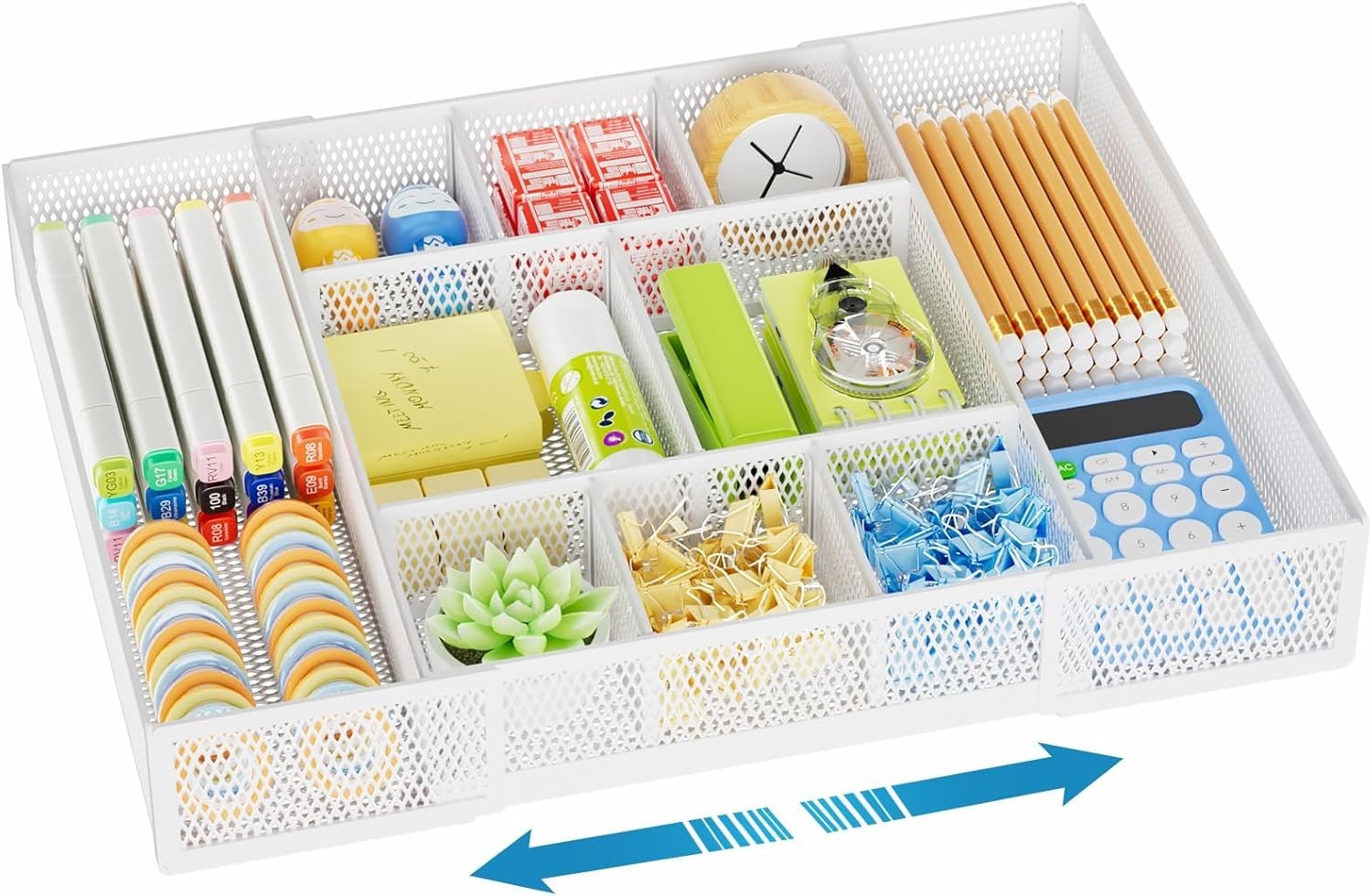 Expandable Desk Drawer Organizer Mesh Drawer Organizer Tray W/ 10 Adjustable