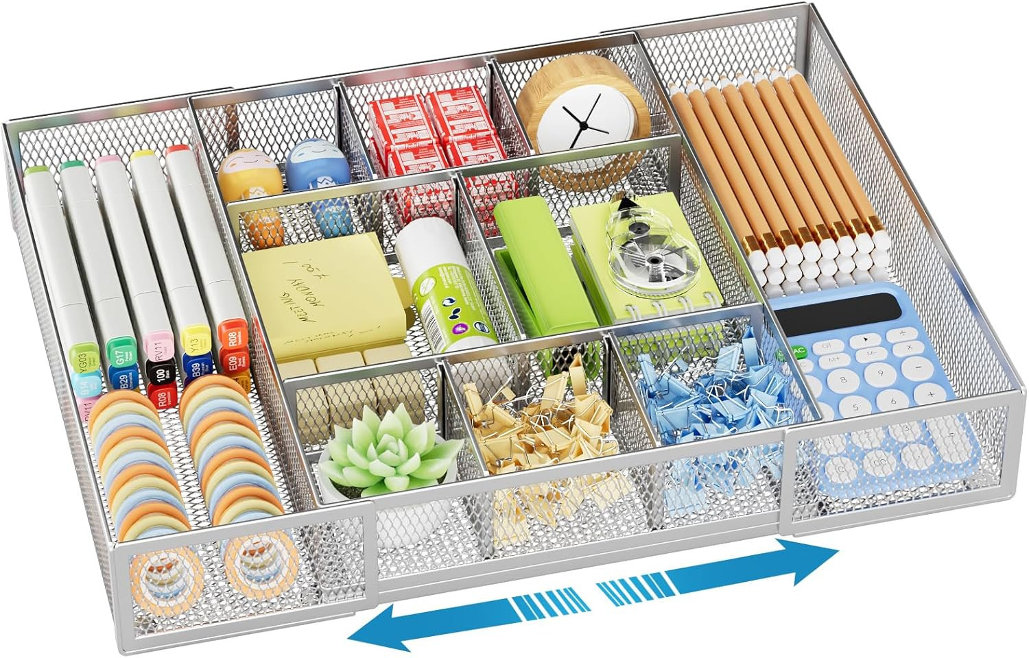 Expandable Desk Drawer Organizer, Mesh Tray with 10 Adjustable Compartments NEW