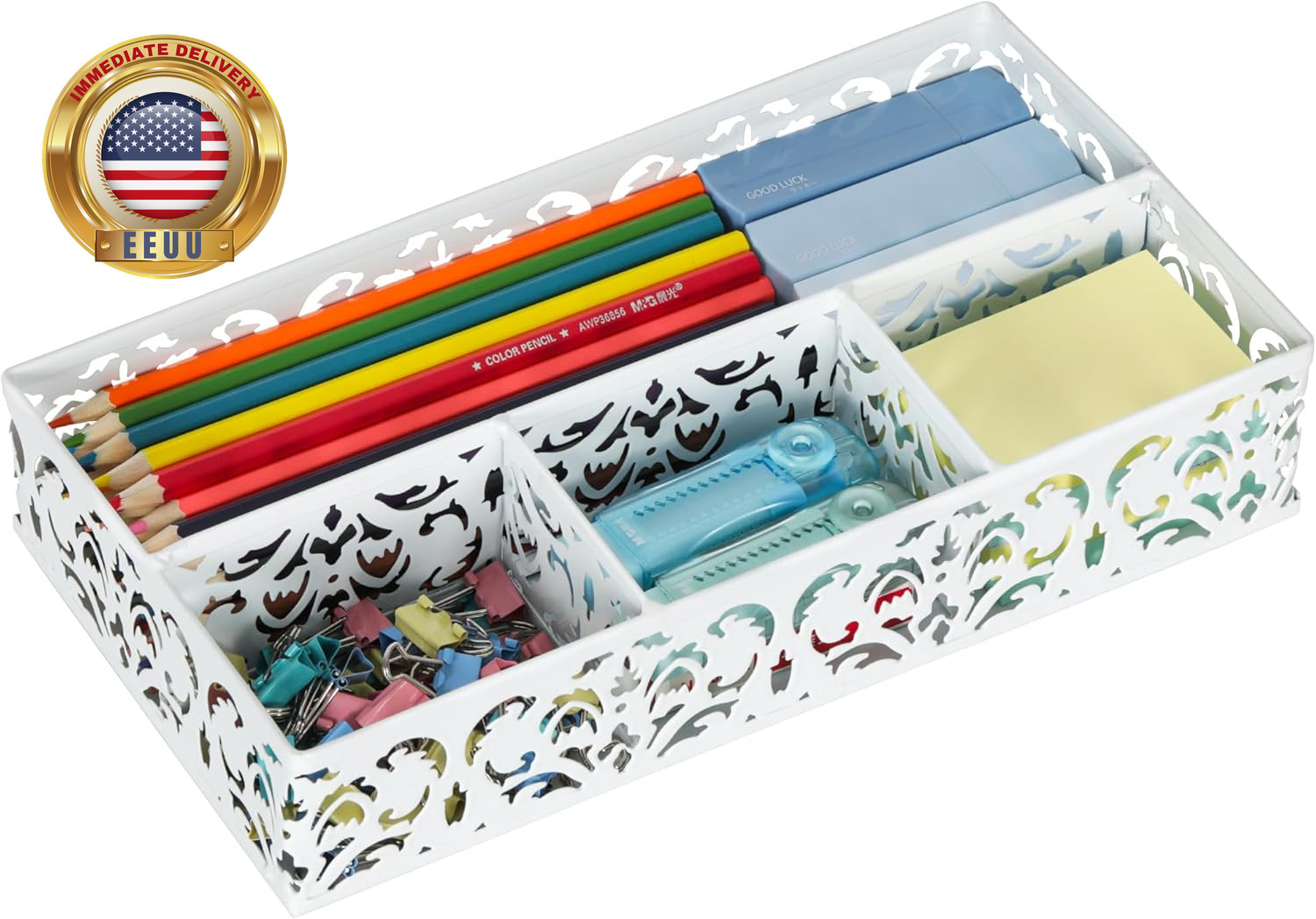Desk Drawer Organizer with 4 Compartments, Carved Hollow Floral Metal Tray for O