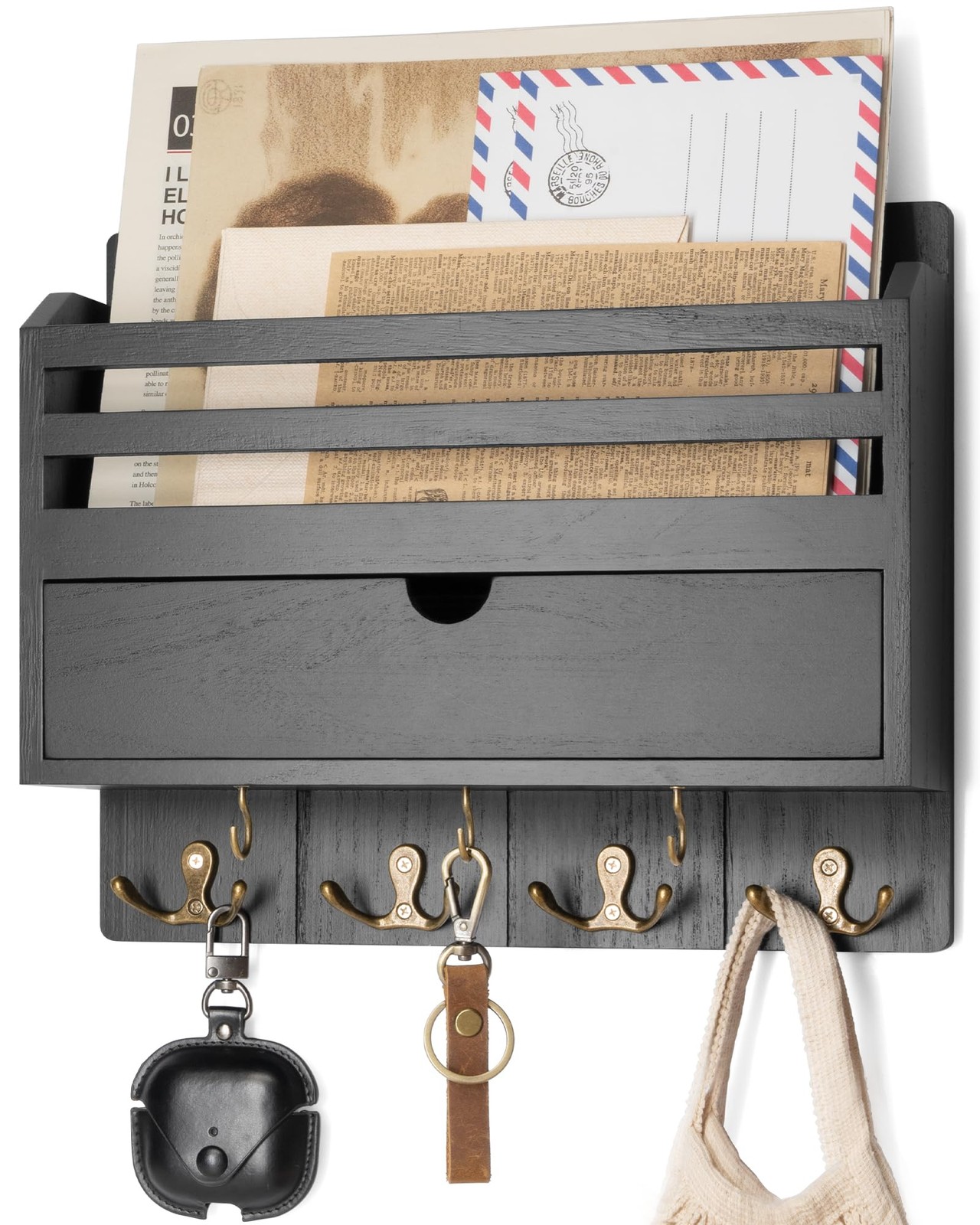 Decorative Mail Organizer – Wood Key Holder Wall Mount with Storage Drawer an…