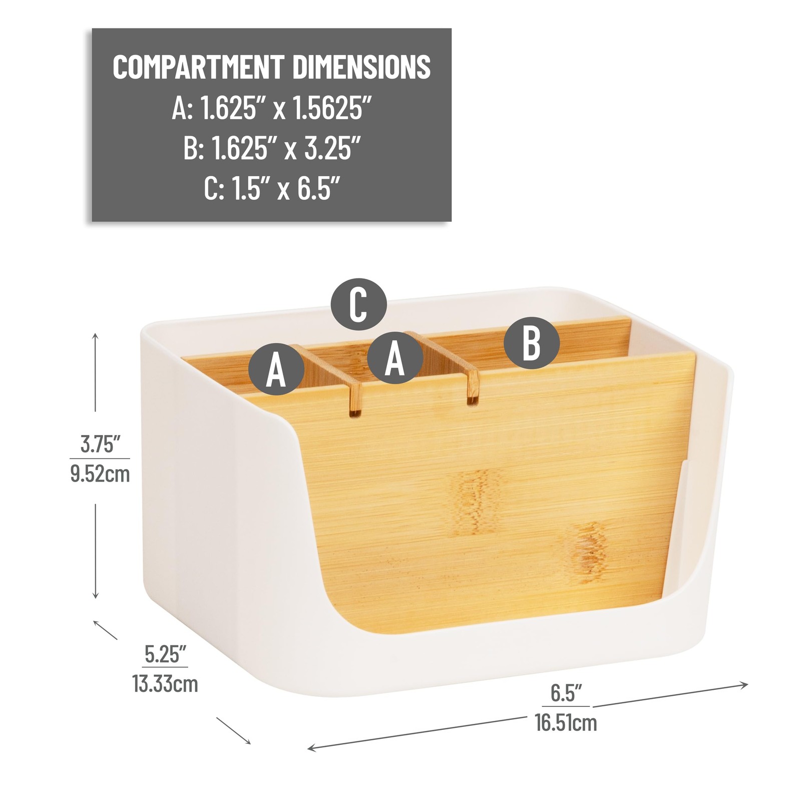 5-Compartment Desktop Organizer, Adjustable Caddy, Plastic and Wood, White