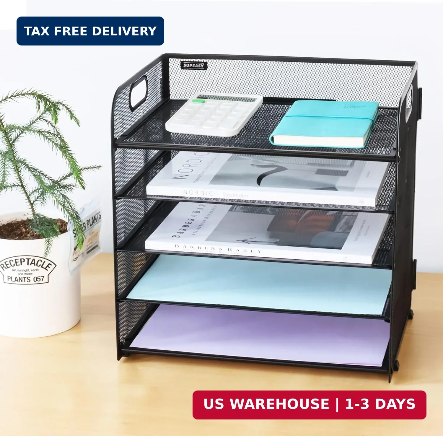 Supeasy 5 Trays Paper Organizer Letter Tray with Handle-Mesh Desk File Holders,