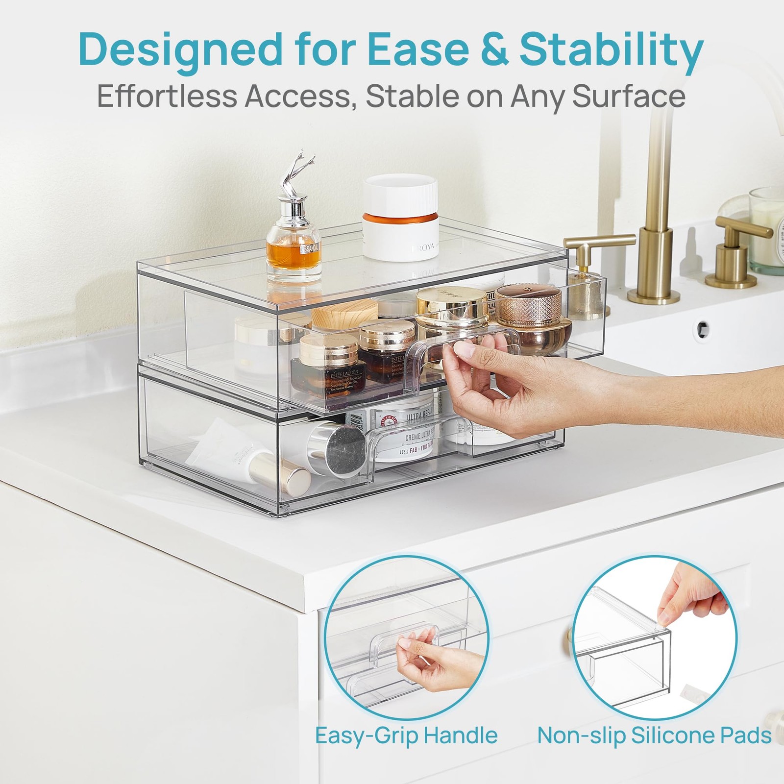 Vtopmart 12.1”W Clear Stackable Storage 7.5″D x 12.1″W x 3.5″H, clear