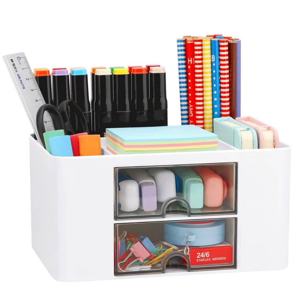 White 7.7 In. X 5.5 In. X 3.9 In. Plastic Modern Desk Organizer with 2-Drawers f