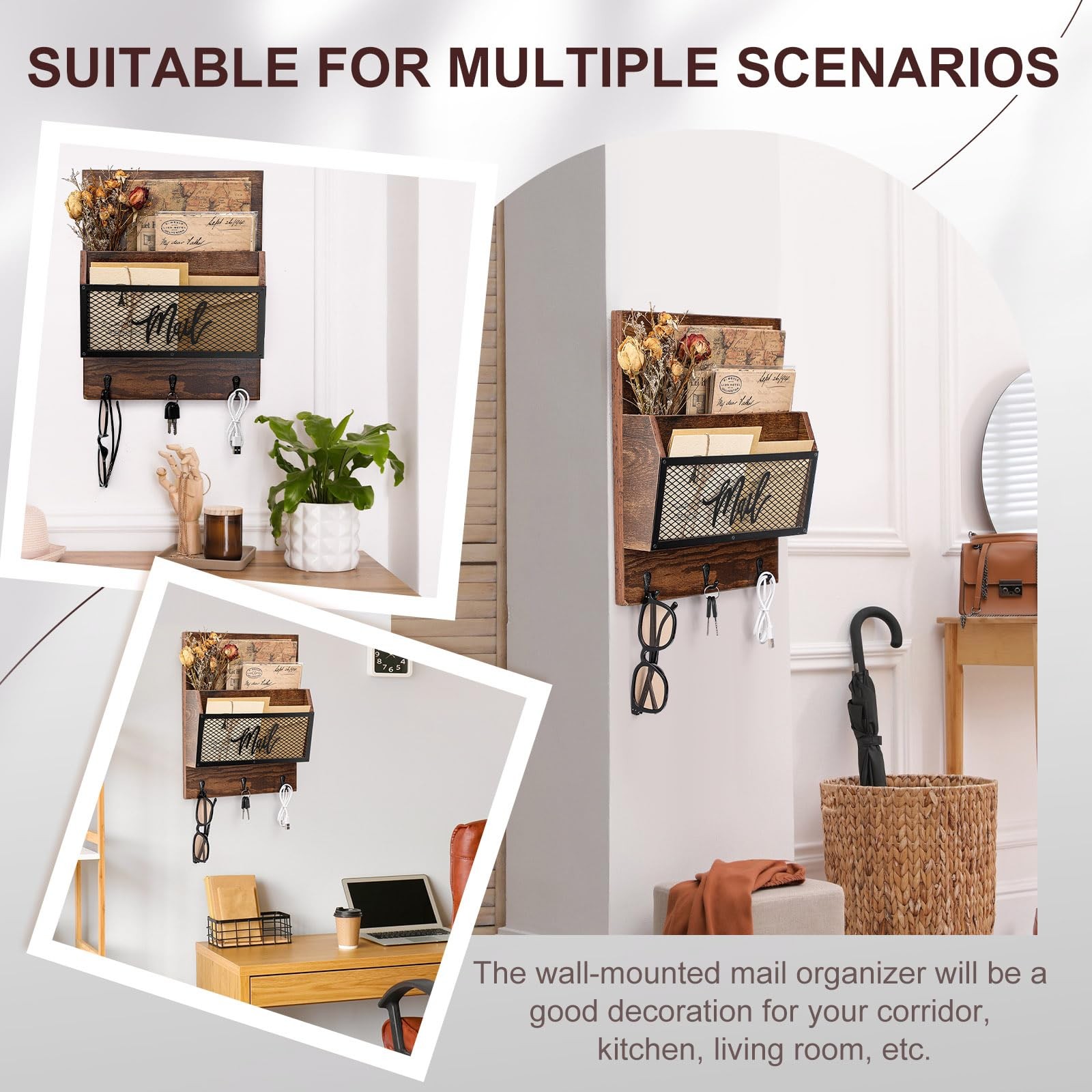Farmhouse Organizer Wall Mounted Rustic Holder Hanging Key Sorter with 3 Hook…