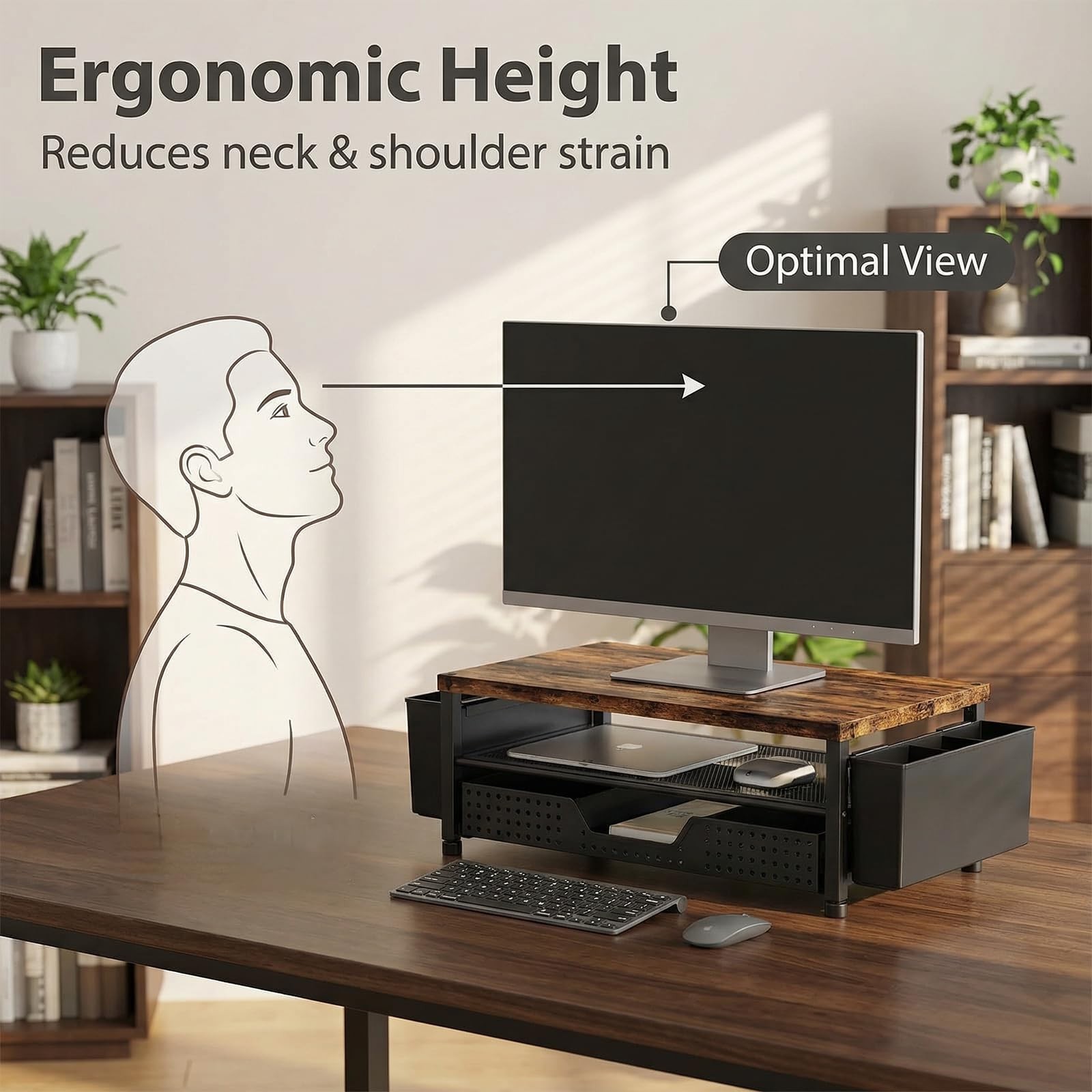 Wood Desk Organizer 2-Tier Monitor Stand Riser with Storage Drawer & Pen Holders