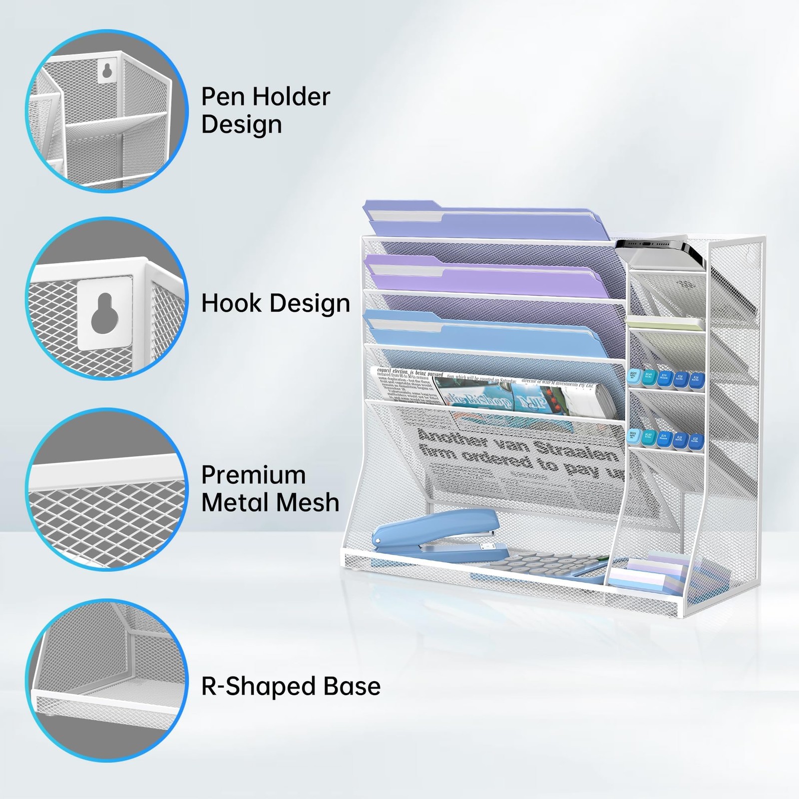 JMHUD Wall File Organizer, 5-Tier Desk Organizer with 4 Pen Slots, White