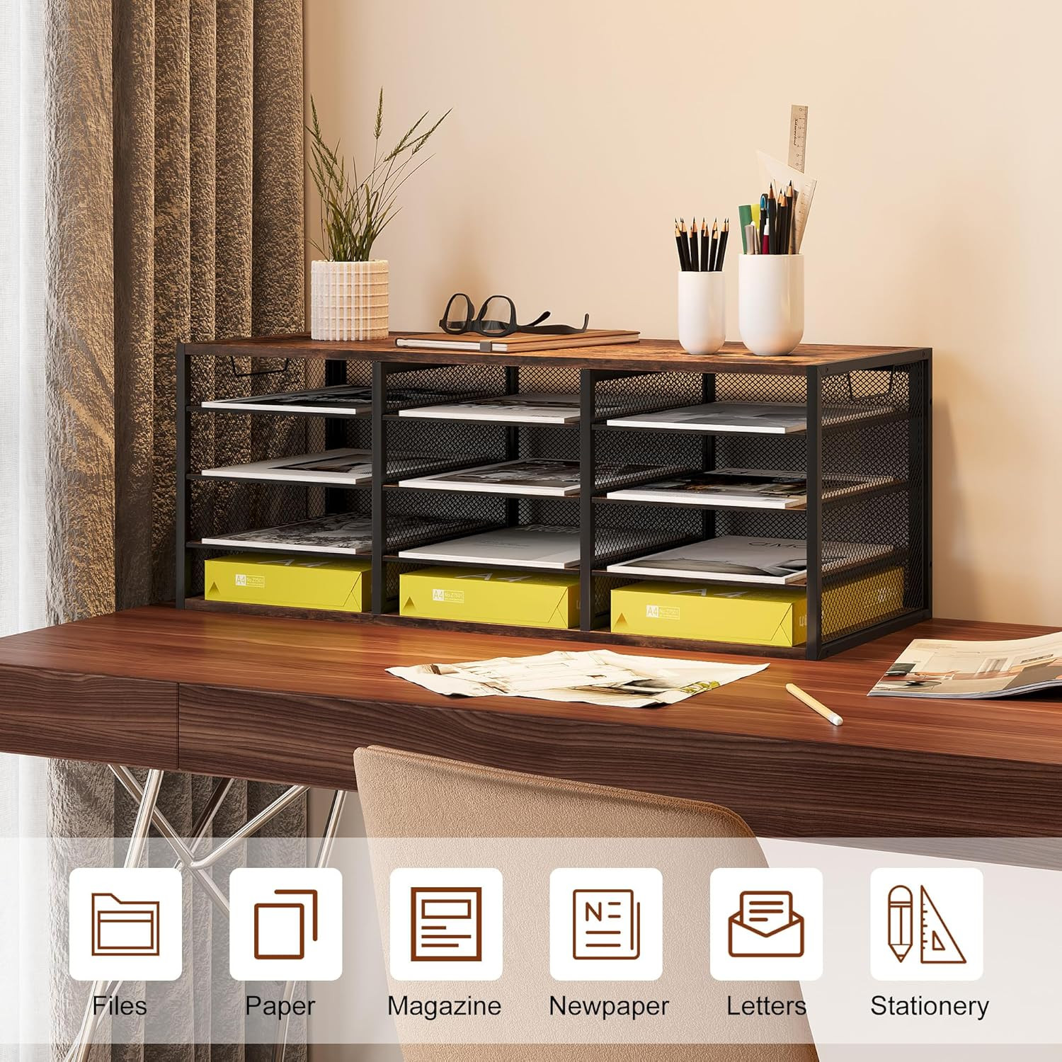Stylish 12-Compartment Metal & Wood Desktop Organizer for Office & Classroom