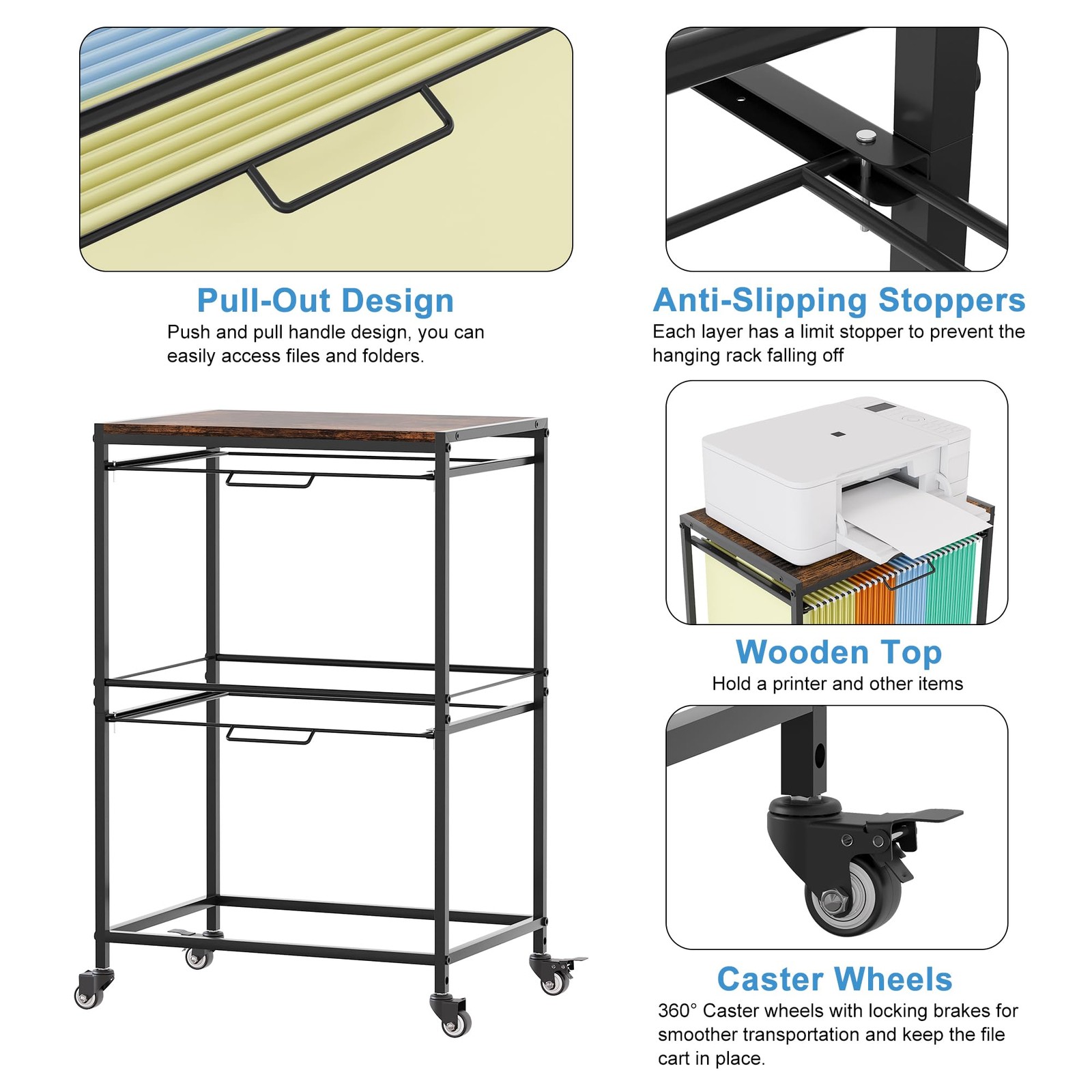 Rolling Hanging File Folder Cart, 2 Tier Metal Pull-Out File Rack for Letter …