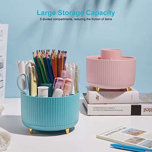 360 Degree Rotation Pen Holder, 5 Slots Office Desk Pen Organizer Multi Blue