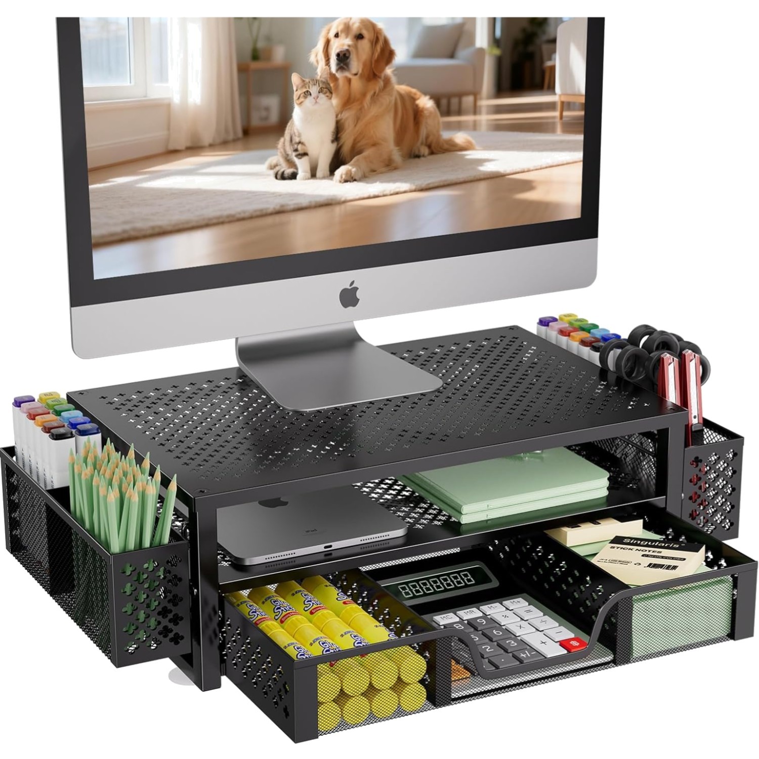 Desk Organizer 2 Tier Metal Monitor Stand Riser with Drawer Pen Holder