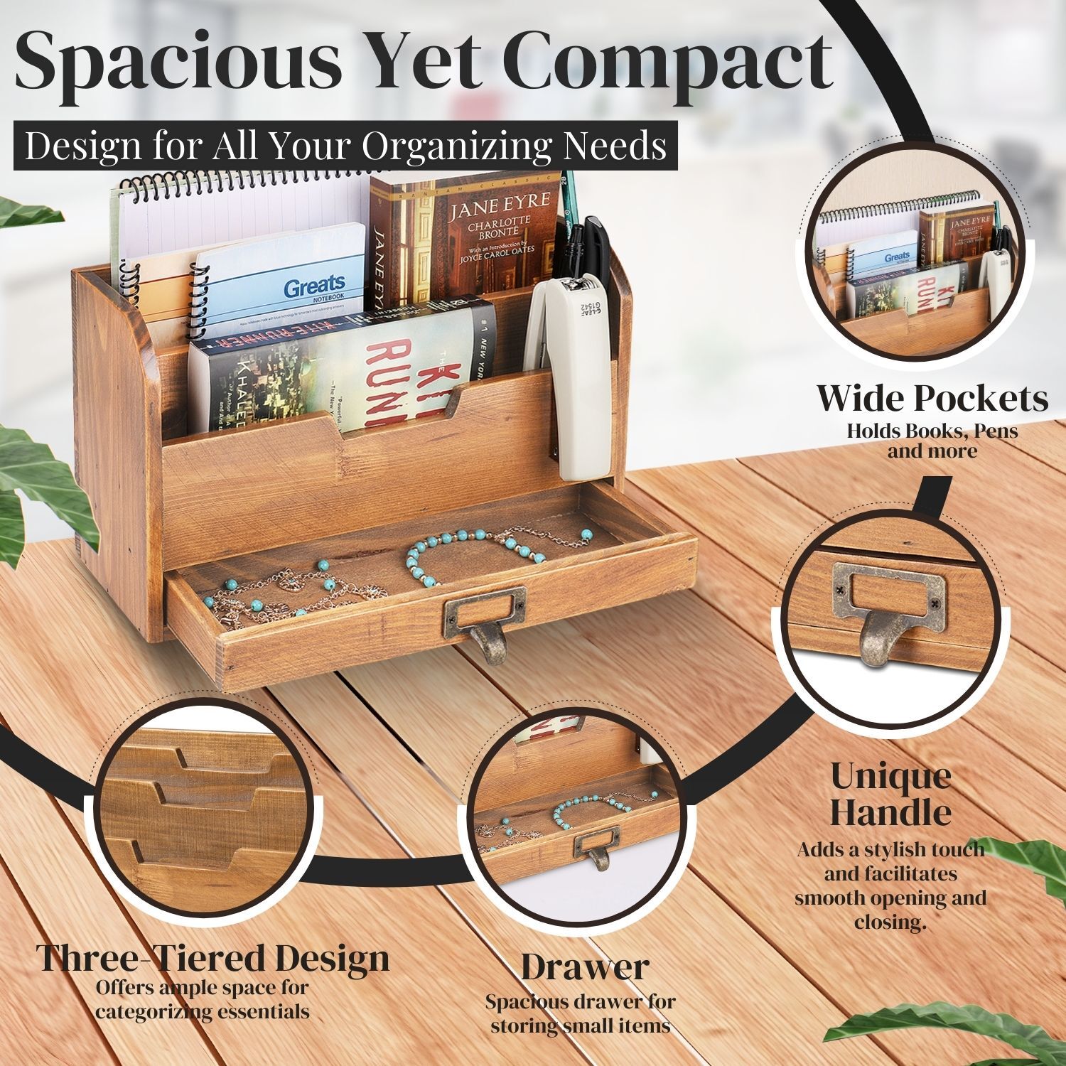 3 Tier Wooden Desk Organizer – Rustic Slot Sorter Shelf Holder with Drawer