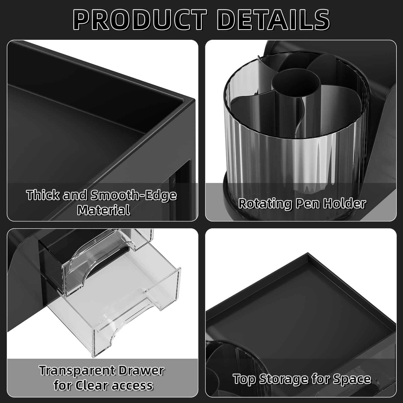 Marbrasse Desk Organizer with 2 Drawer, 360°Rotating Pen Holder, Black