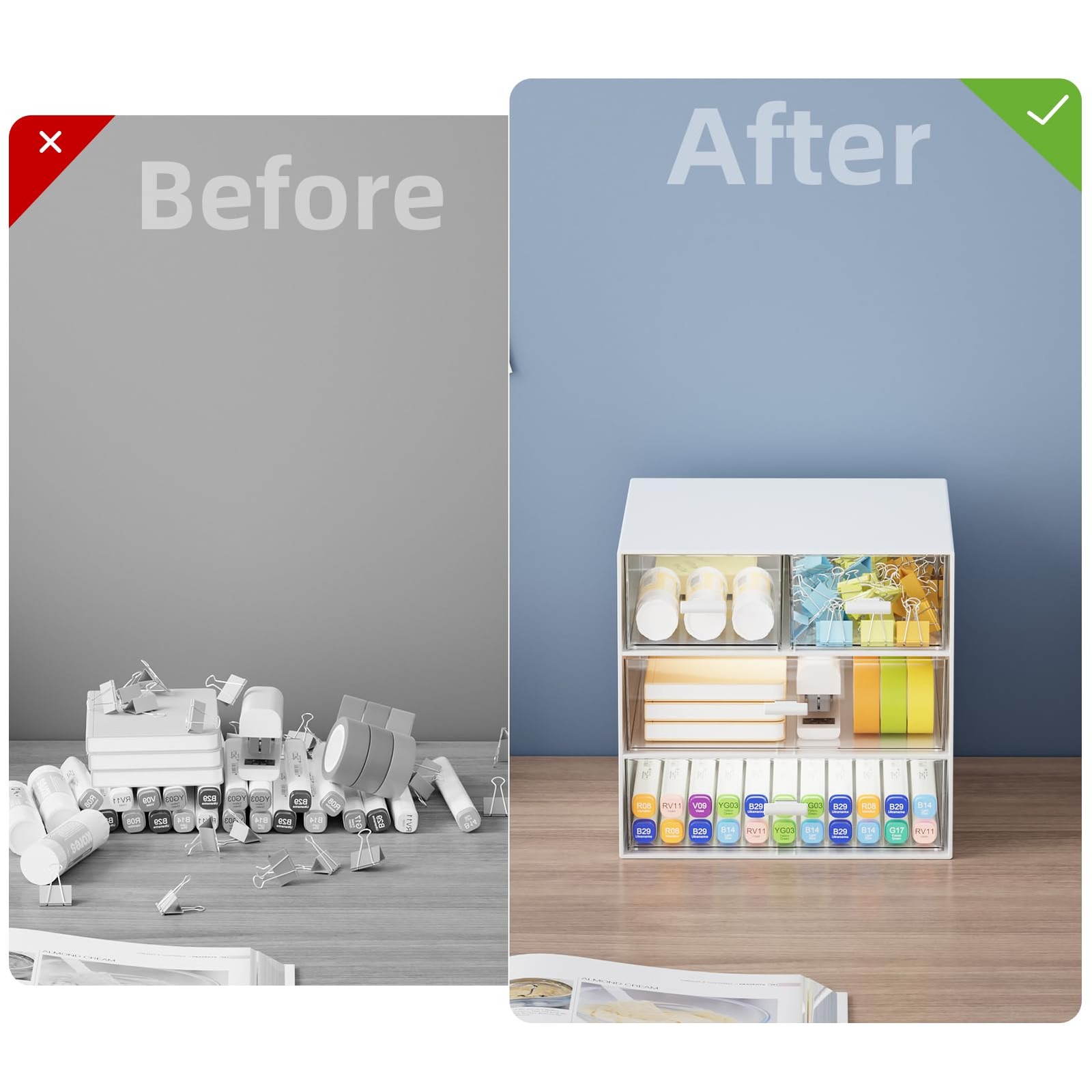 Desk Organizer with 4 Drawers，Office Organization, Clear Plastic Desk Organiz…