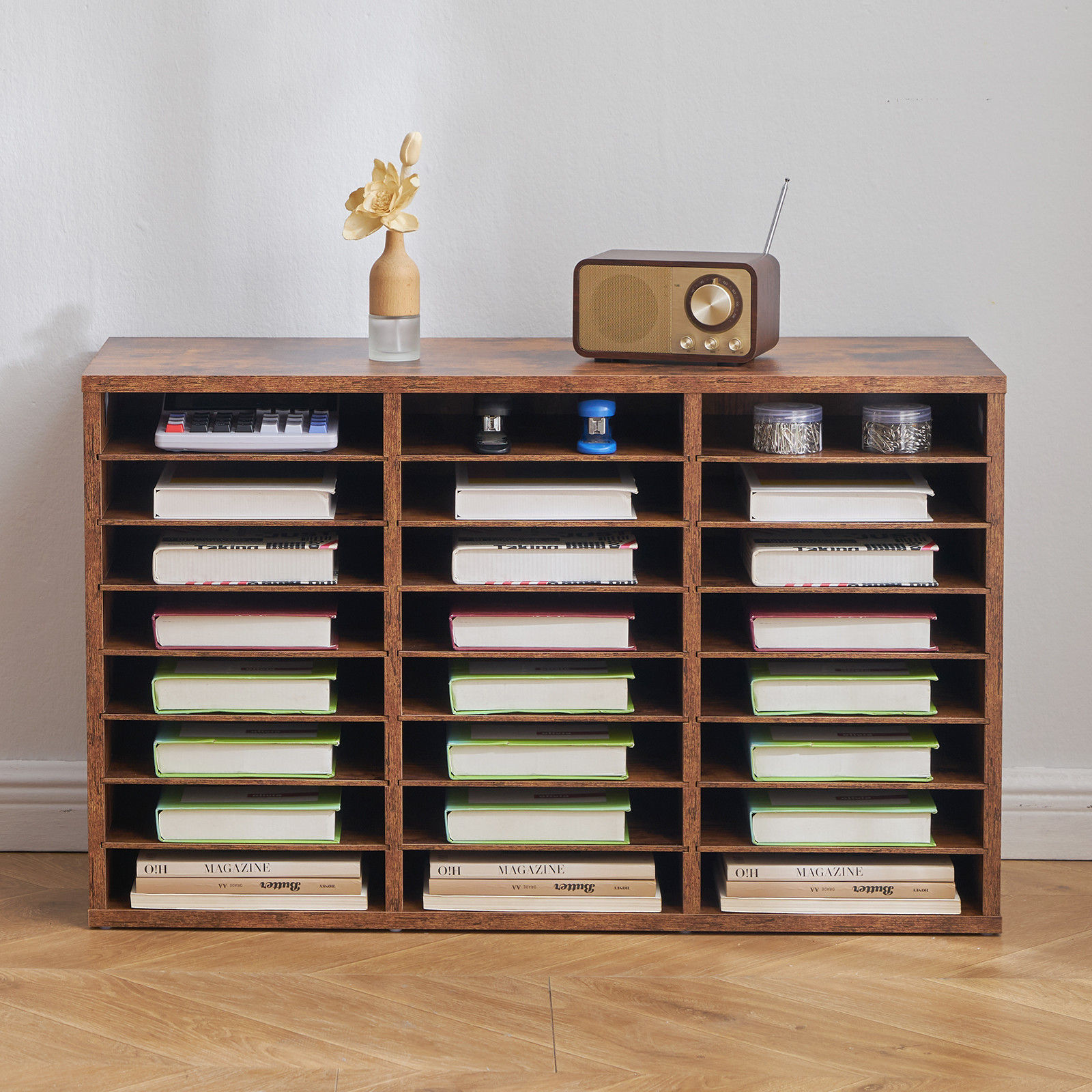 Uimoso Wooden Literature Organizer 24 Compartments Removable Shelves Dark Brown