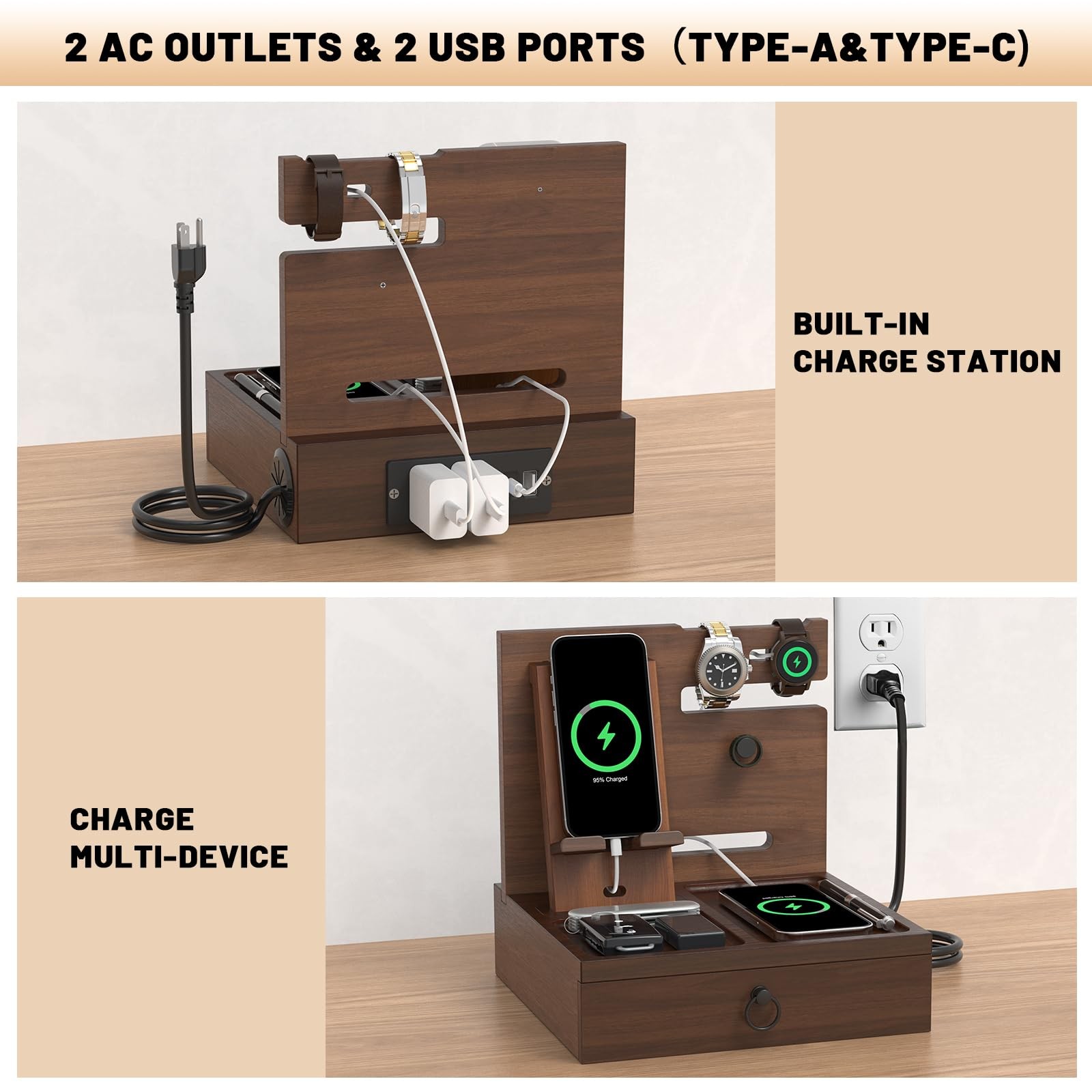 Wood Phone Docking Station with USB With charging station, Elegant Walnut