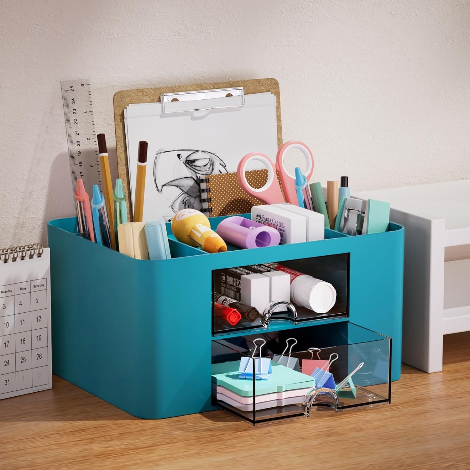 Pen Organizer with 2 Drawer, Multi-Functional Pencil Holder for Desk, Desk Organ
