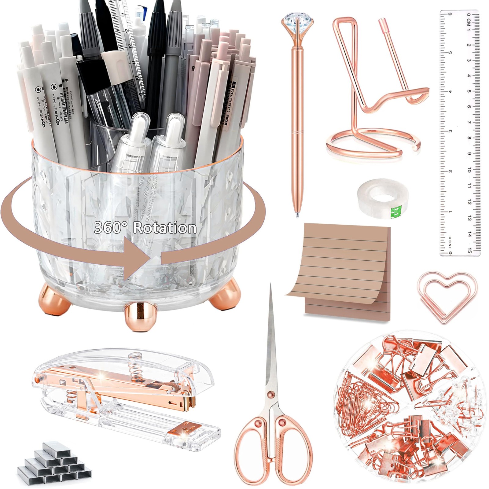 Rose Gold Desk Accessories, Office Supplies Desk Organizers 360°Pen Holder Ac…
