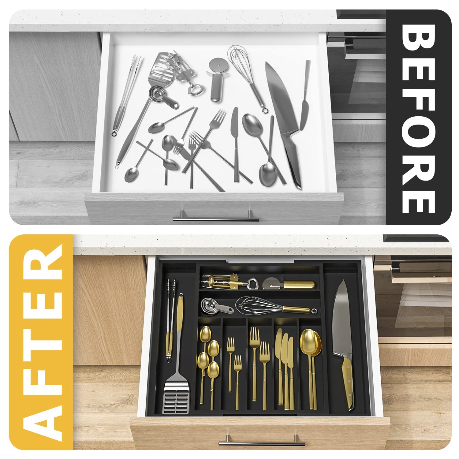 Utensil Organizer Silverware Drawer – Bamboo 9 Slot, Black