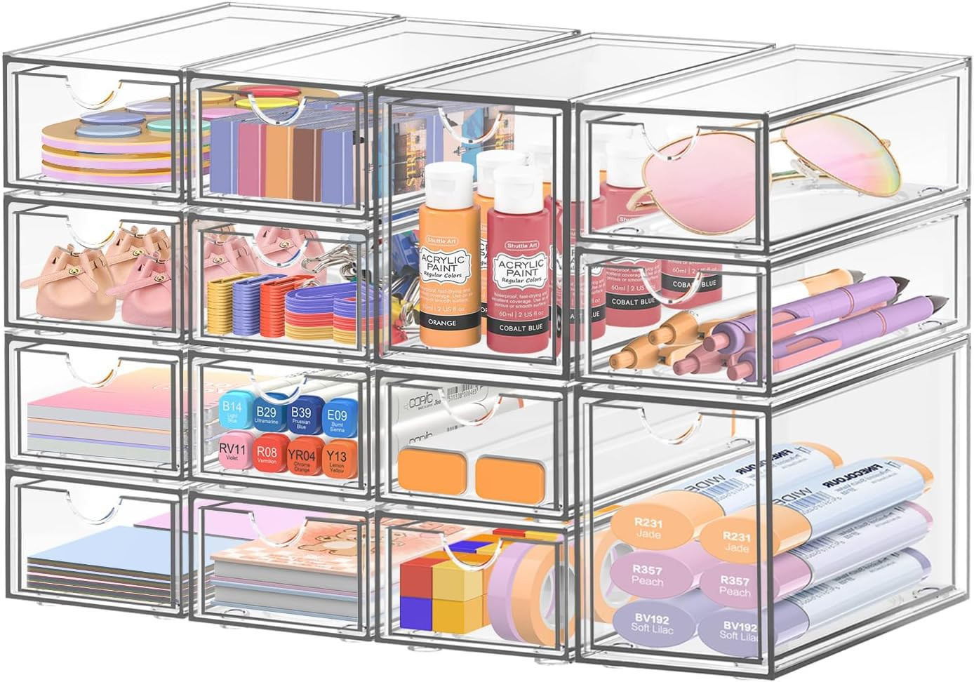 Desk Organizer with 14 Drawers, 14 Packs Acrylic Stackable Desktop Storage Draw