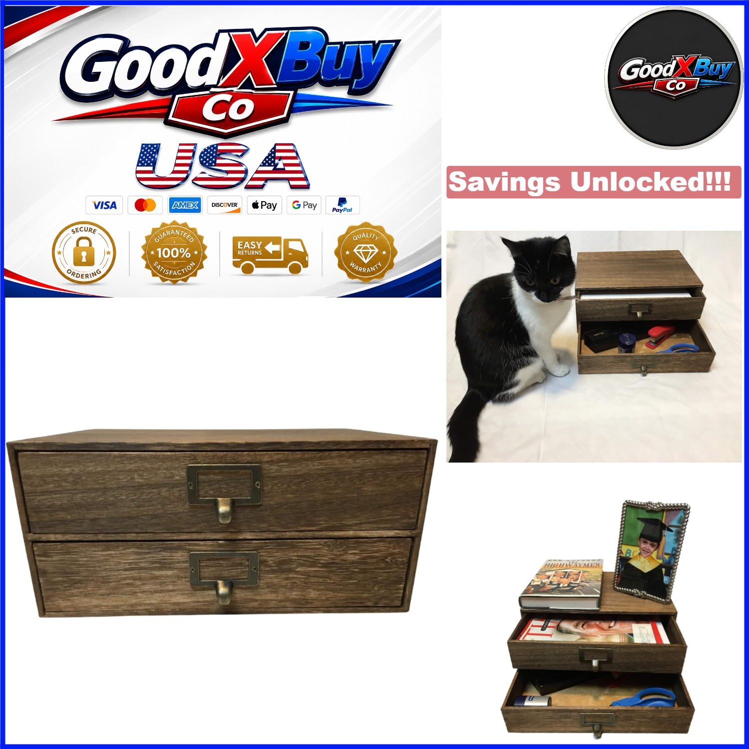 Walnut 2-Drawer Wooden Monitor Stand Office Desk Organizer