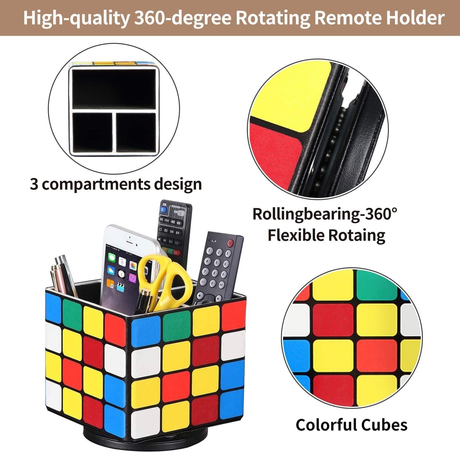 Remote Control Holder, 360° Swivel TV Remote Holder for Table, PU Leather Rem…