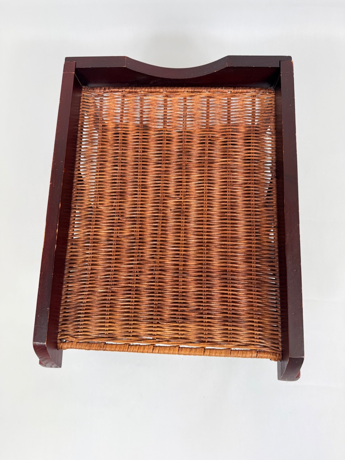 VTG Two Tier Woven Rattan Desk Letter Tray Dark Wood Desk File Organizer READ