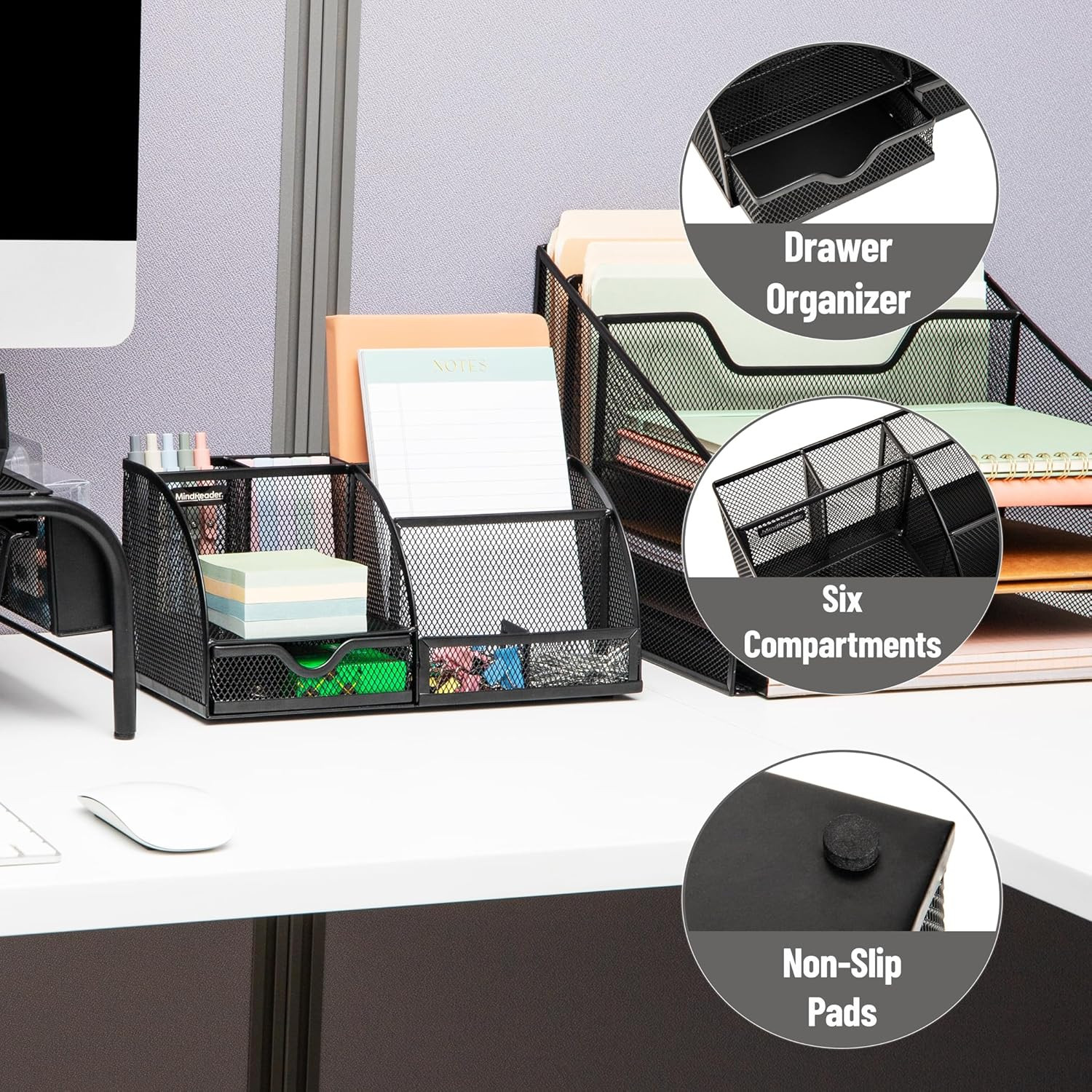Mind Reader 7-Compartment Desktop Organizer, Metal Mesh Desk Organizer for Pens,