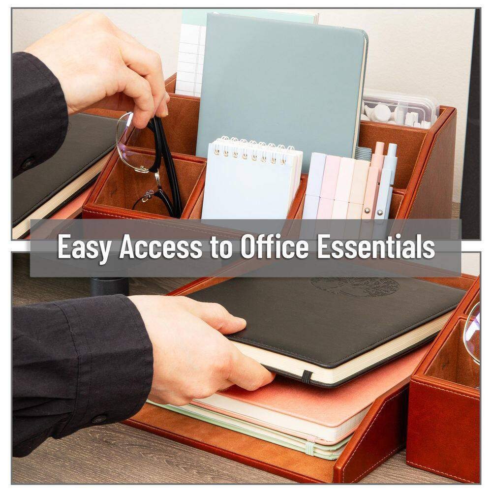 Brown 13.25 In. W X 5.25 In. H Polyurethane Leather Stackable Desk Organizer and