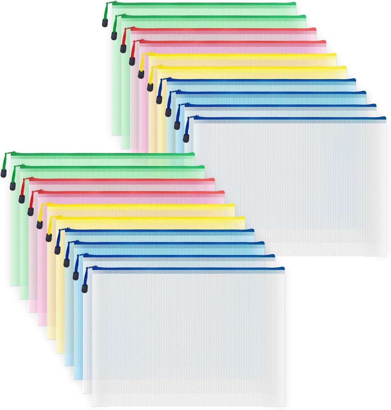 20 Pcs Zipper File Bags, Plastic Mesh Pouch’s Multicolored Waterproof