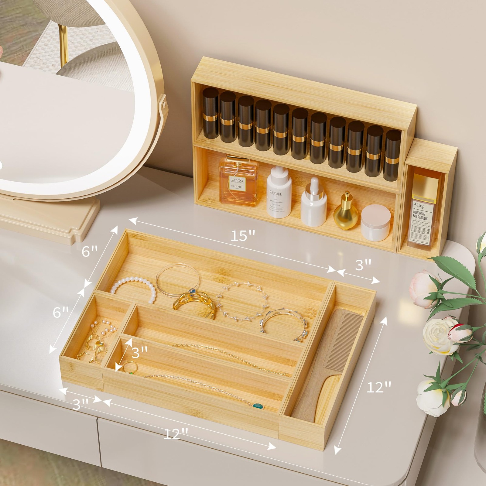 Greatseas Kitchen Drawer Organizer Tray, Stackable 17 x 6 x 2.5 Inch, Bamboo