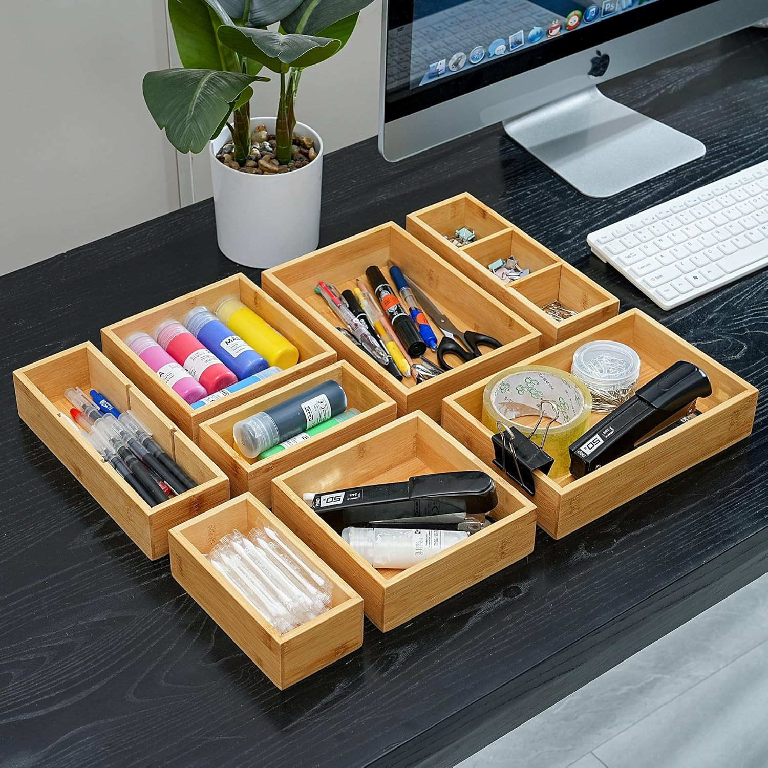 Bamboo Drawer Organizer Set of 9 Wood Storage Boxes for Kitchen Desk Bath