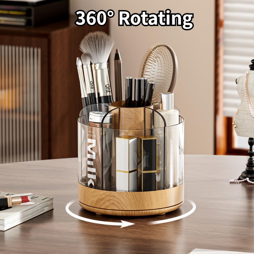 Siehpa3 Makeup Brush Holder 360° Rotating 6 Slot Dark Woodgrain