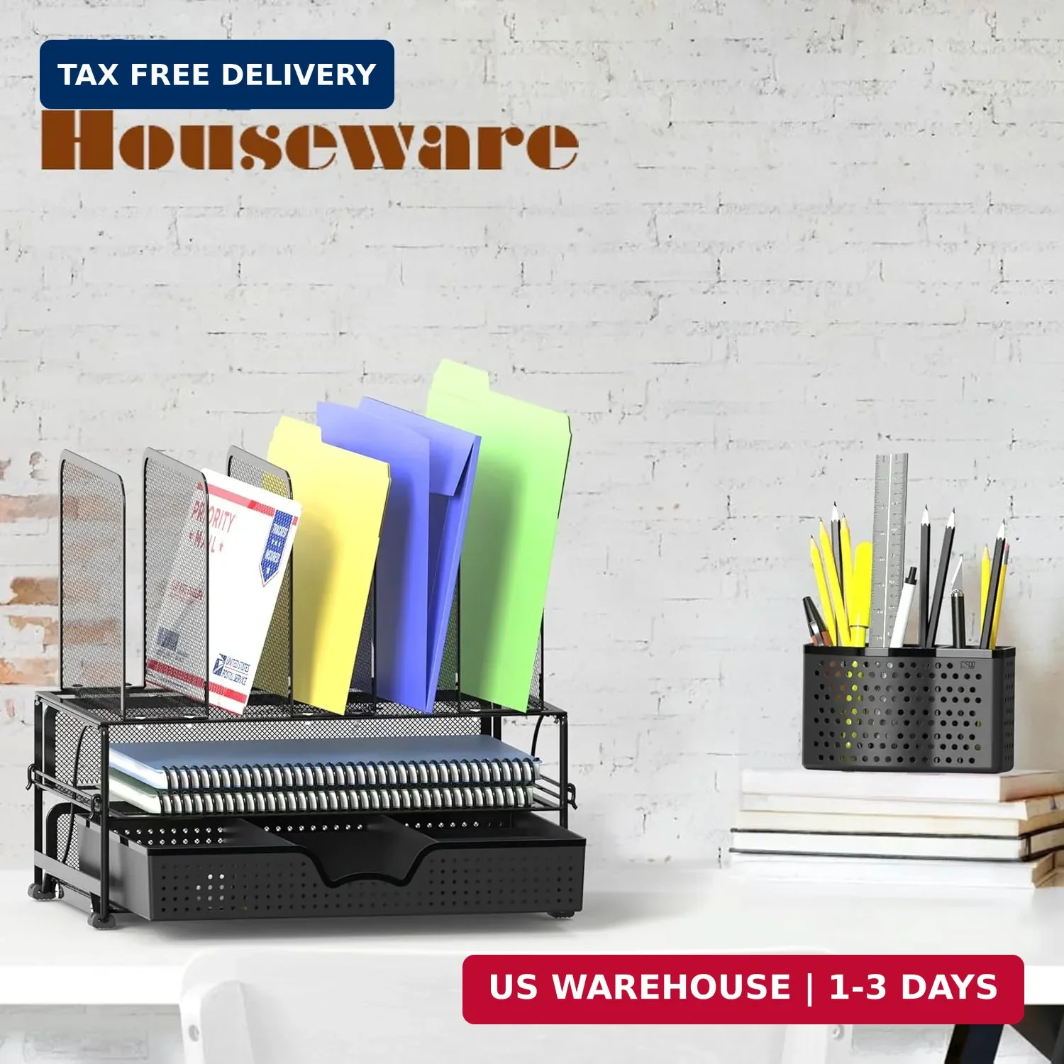 Simple Houseware Mesh Desk Organizer with Sliding Drawer, Double Tray and 5 Upri