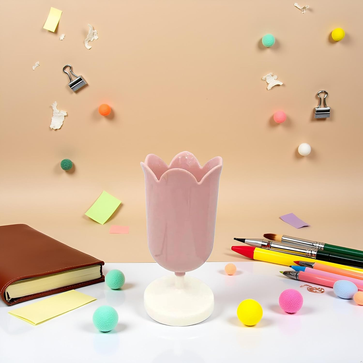 Pink Plastic Tulip Pen Holder Cute Pens Cup for Desk Pen Brush Organizer Office
