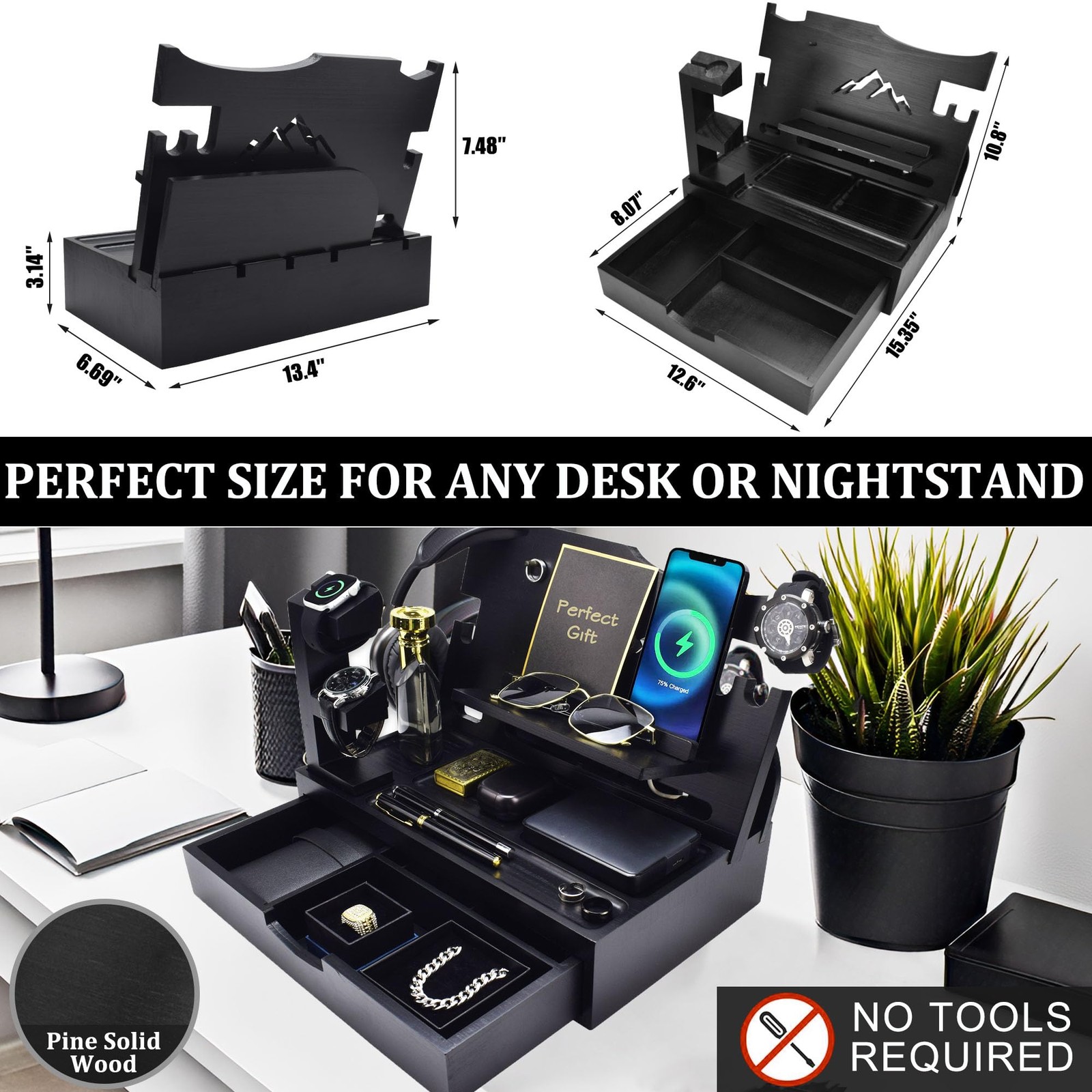 KWYADLUO Nightstand Organizer for Men with Large Drawer, Wood Phone Black