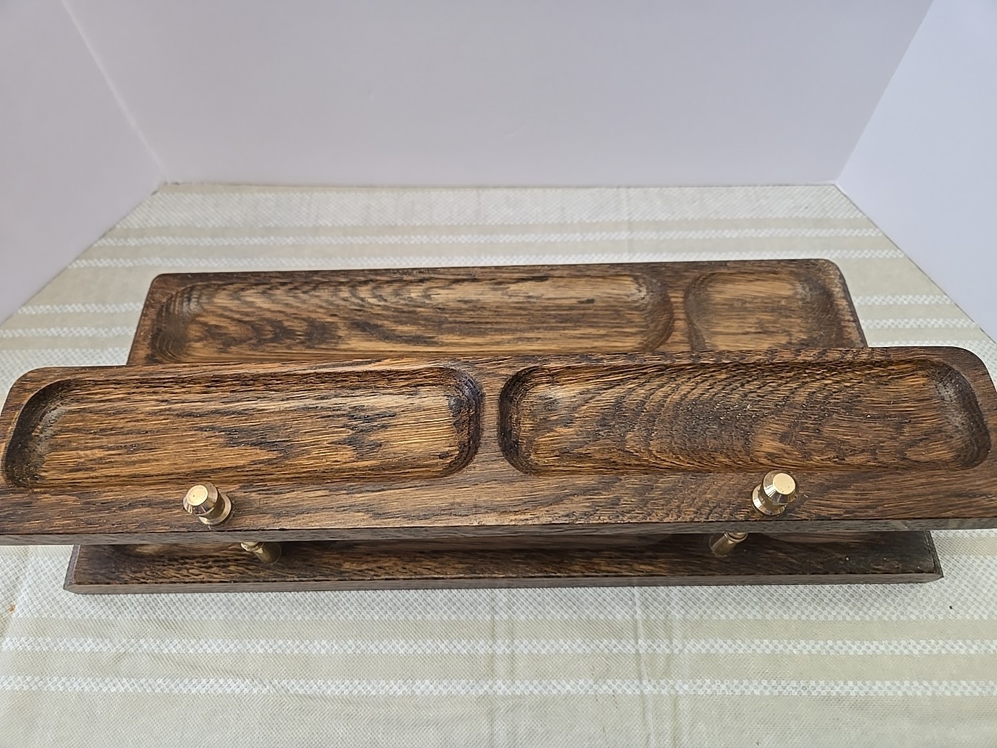 Solid Wood With Brass 2-Tier MCM Desk Organizer Dresser Valet jewelry Tray