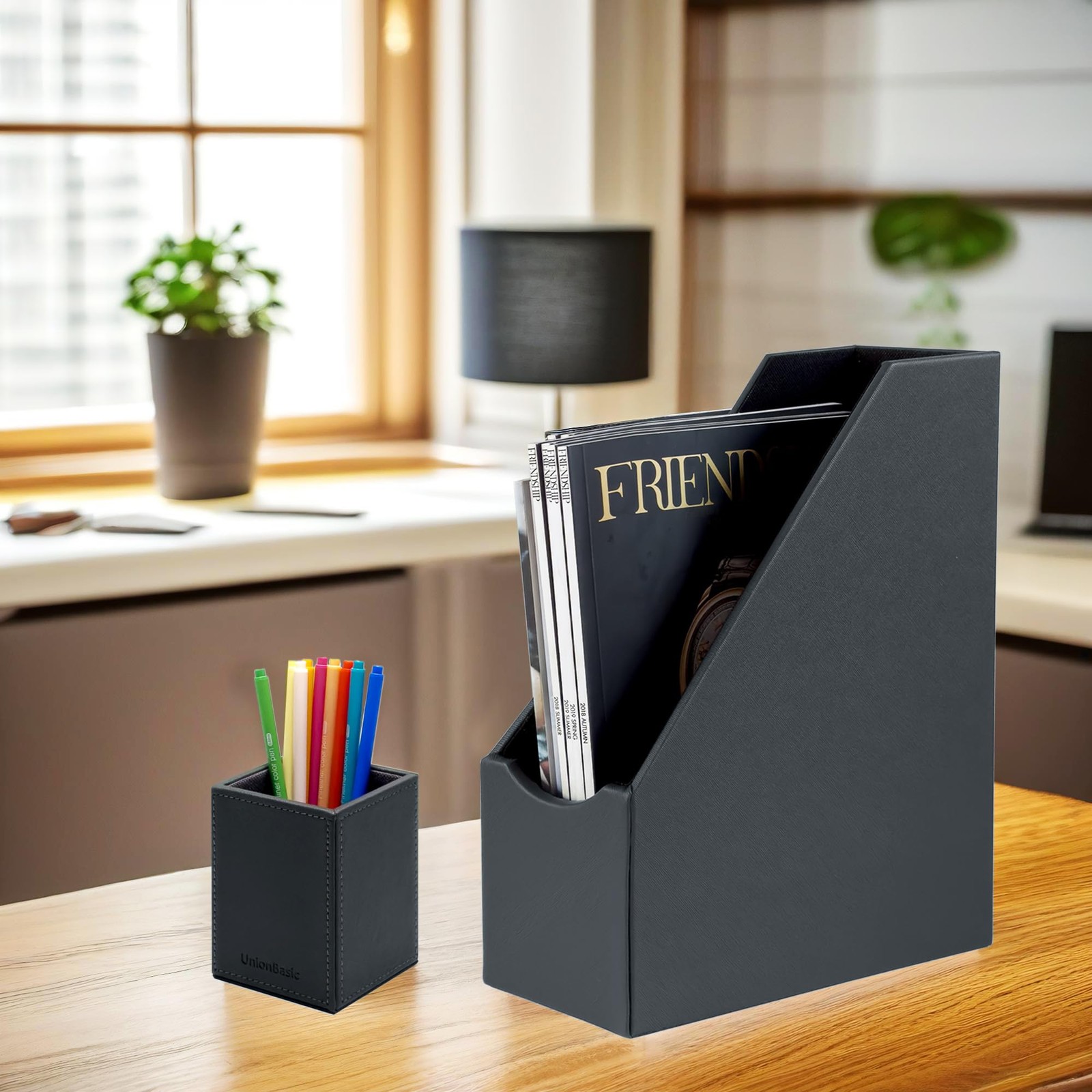 Magazine File Holder Leatherette Desktop Document Organizer Dark Grey