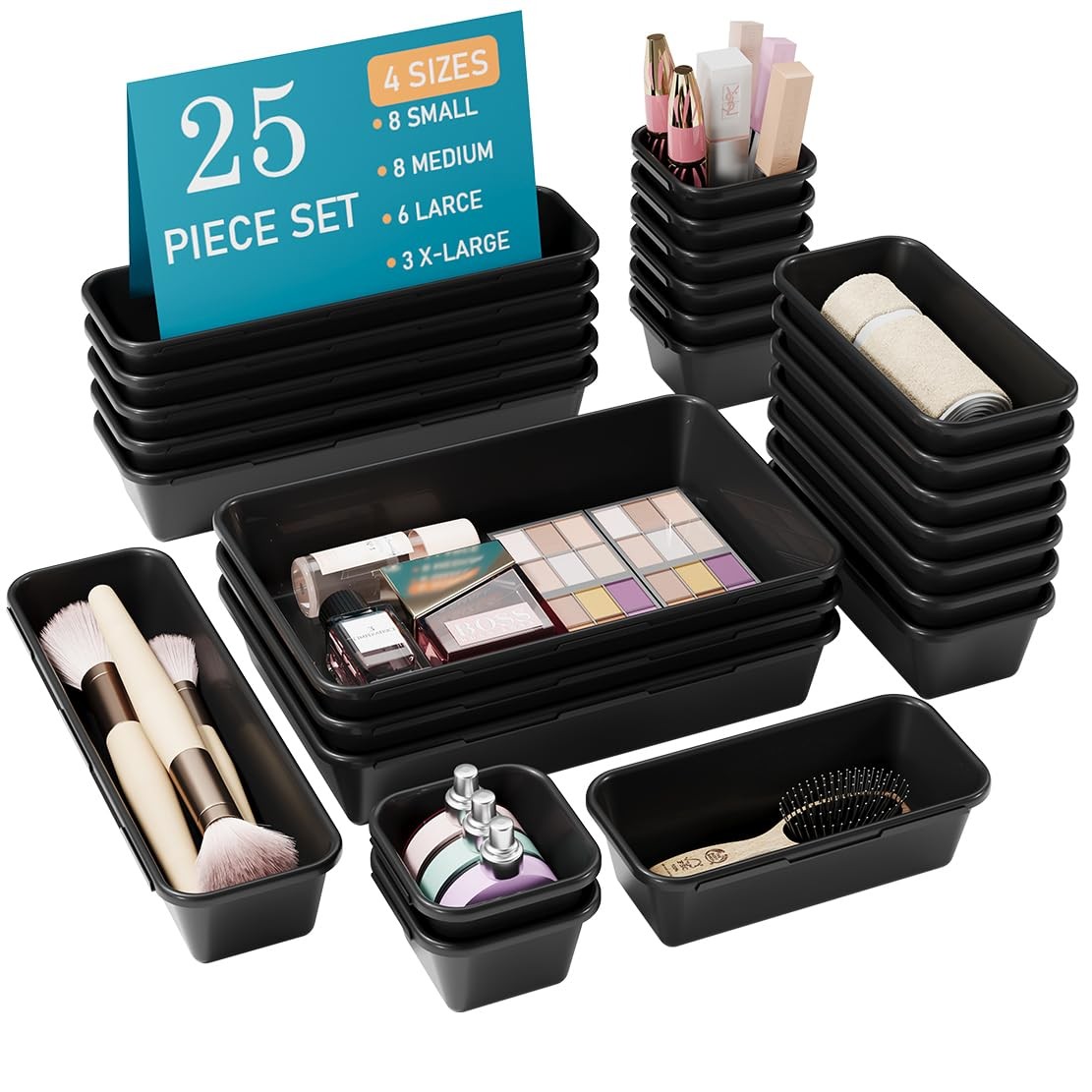 25 PCS Black Drawer Organizer Set, 4 Size Interlocking Plastic Storage Bins f…