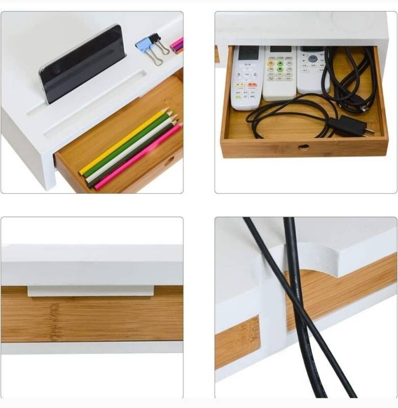 Computer Monitor Stand w/ Drawers White Wood Printer, TV Riser 20.5Lx10.6Wx4.7″