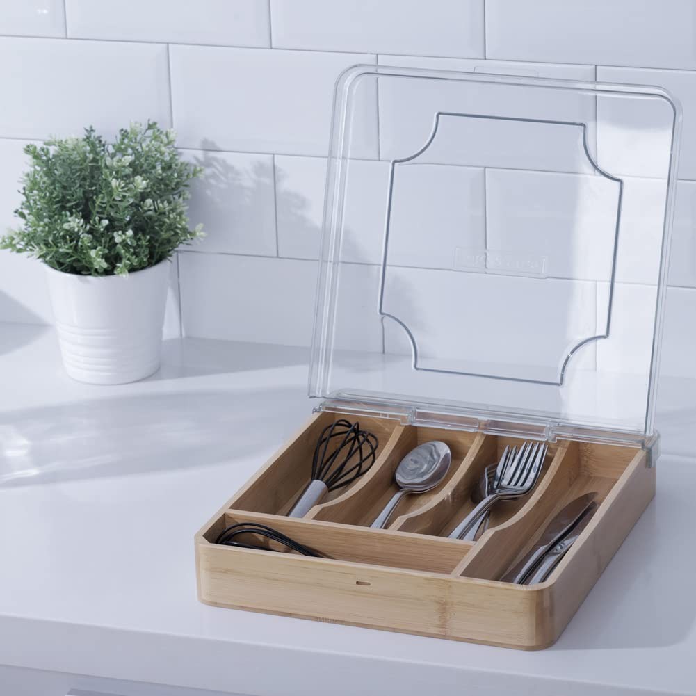 Kitchen Drawer Organizer, 13 Inch Bamboo Utensil Tray, 5 Slots, Removable Lid