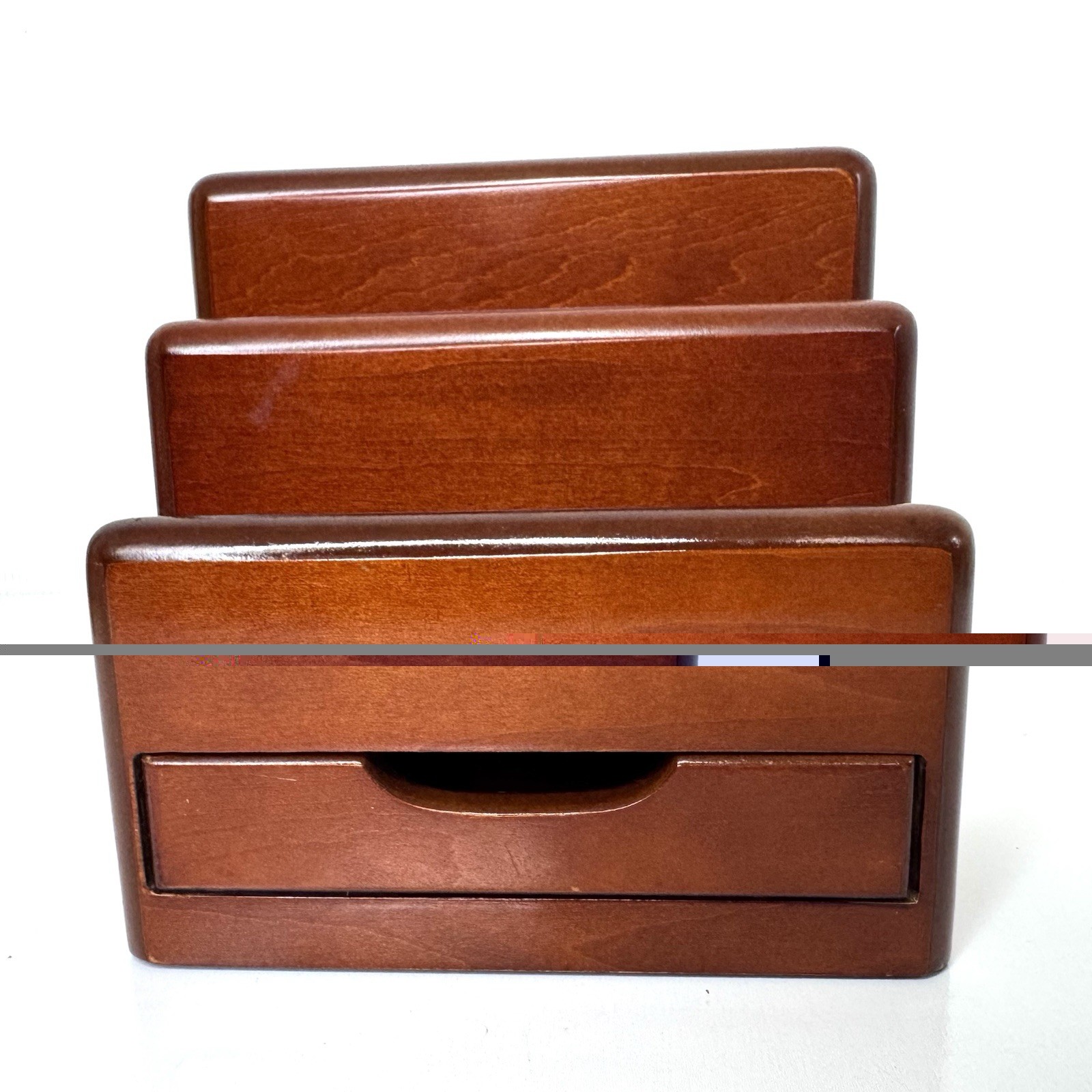 Vintage Executive Cherry Wood Letter Desk Organizer Rolodex w/ Drawer 7”