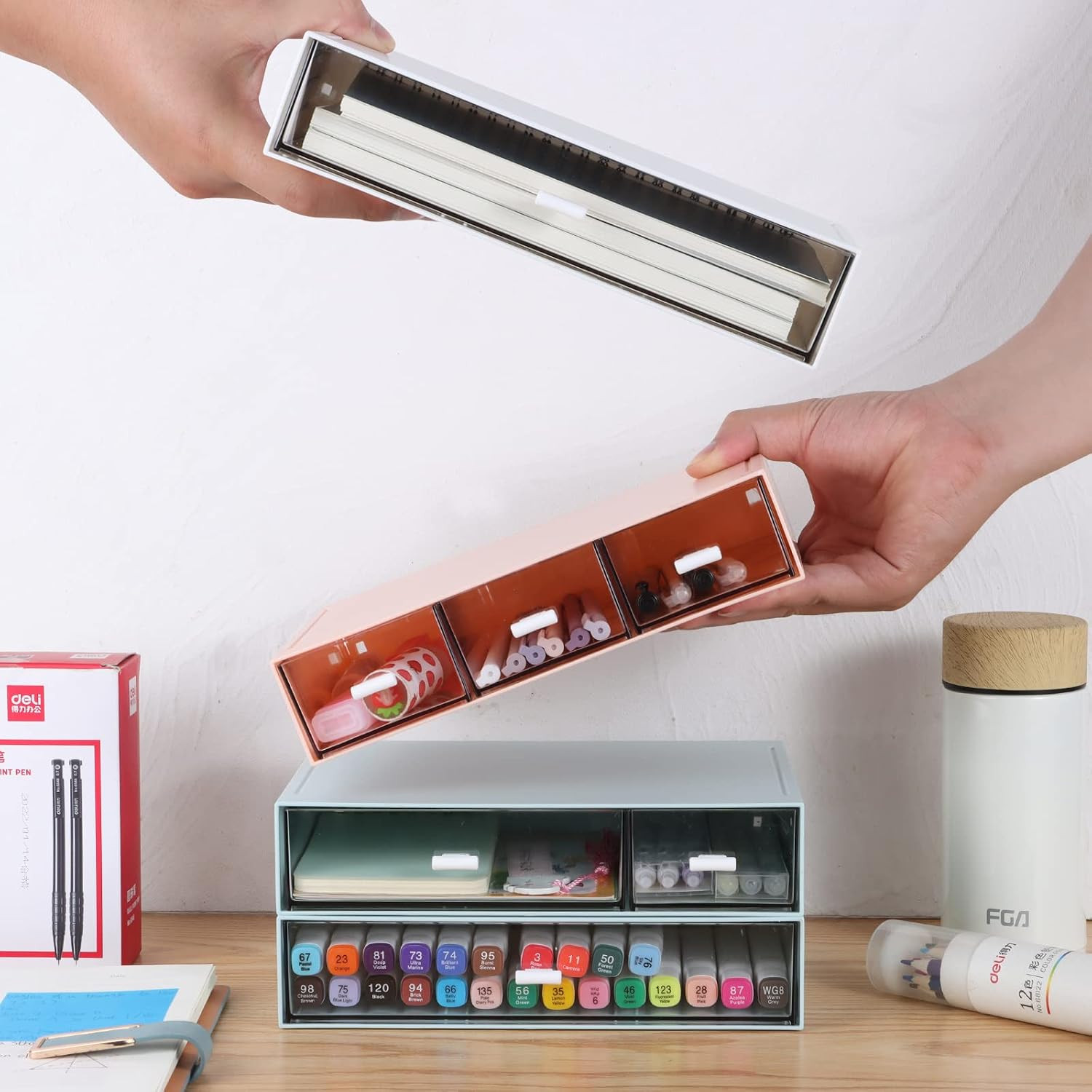 Stackable Desk Organizer with 7 Drawers for Office, Makeup & Supplies – Blue