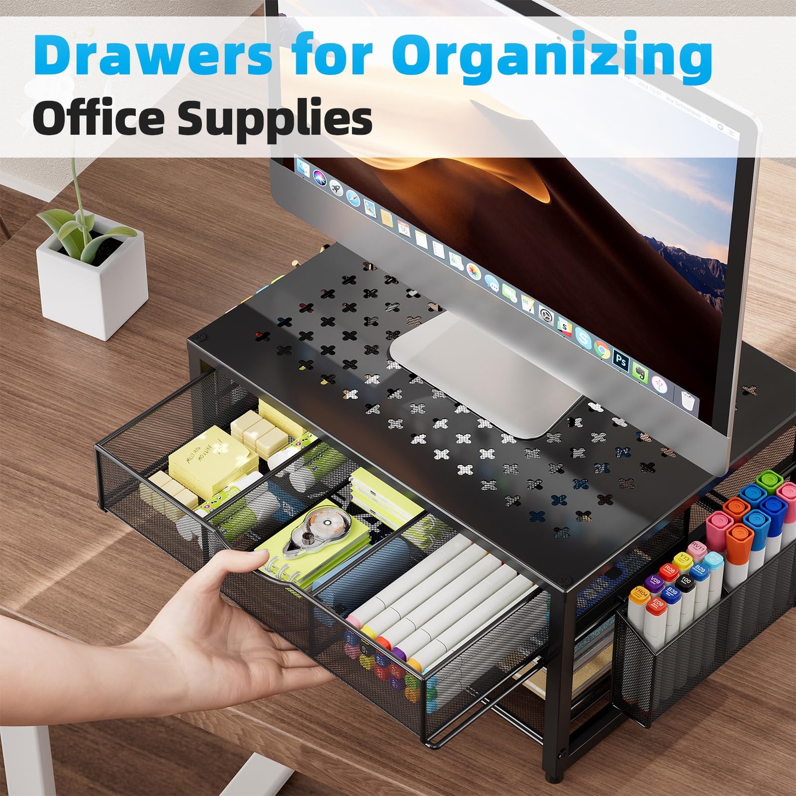 Marbrasse Metal Printer Stand for Desk with Storage Drawer and 2 Pen Black