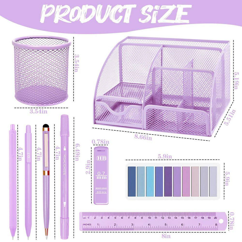 17-Pieces Purple Office Desk Accessories Set Mesh Organizer Stapler Tape Dispens