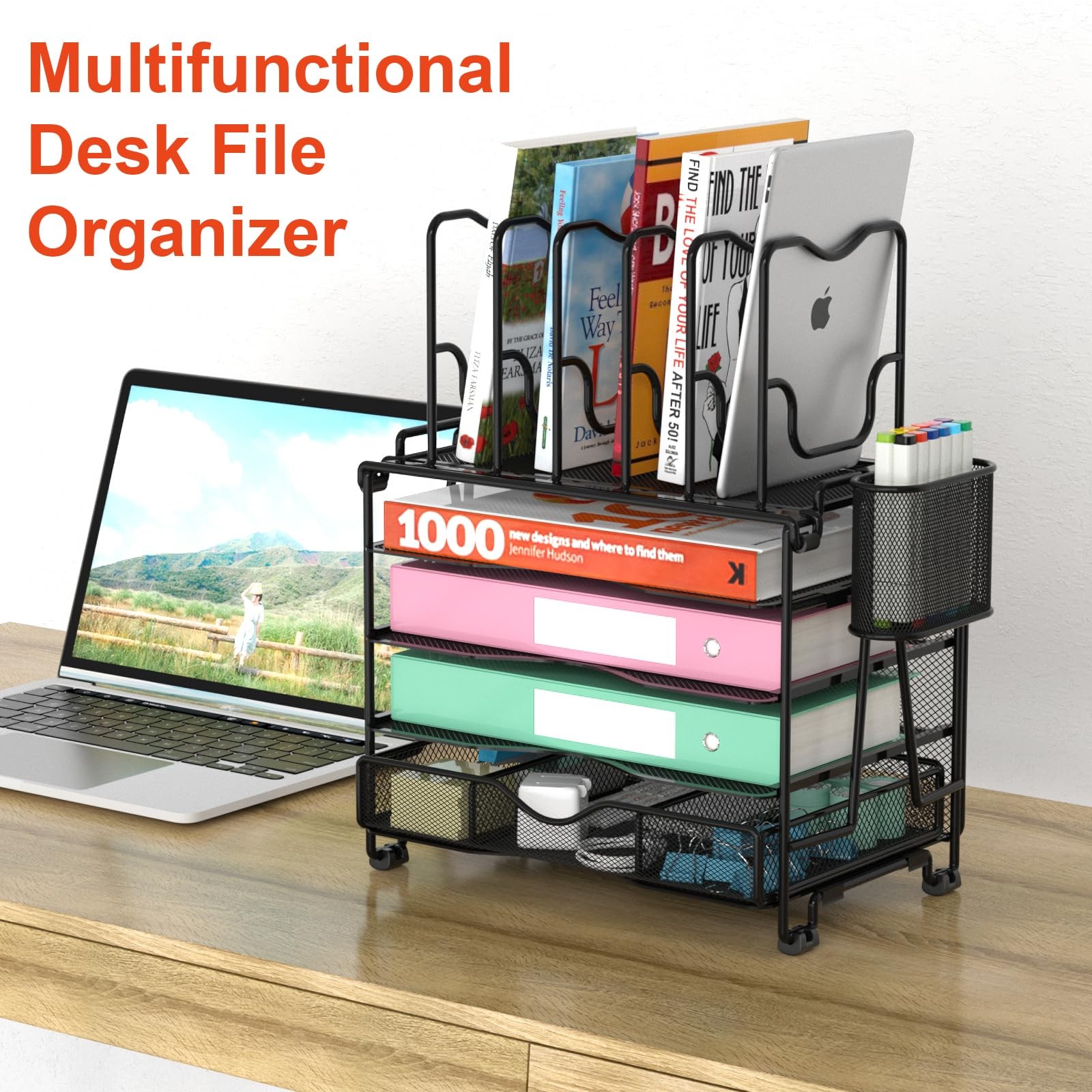 Mesh Desk Organizer 3-IN-1 Desktop with 4 Tier Tray and 5 Upright Sections File